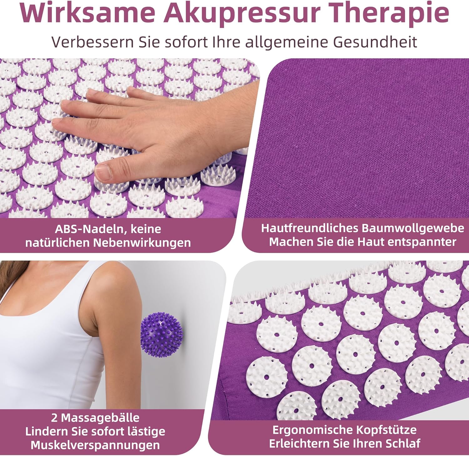 Akupressurmatte, Akupunkturmatte mit Kissen gegen Nacken- und Rückenschmerzen, Akupressurmatte für Magnetfeldtherapie, inklusive Tragetasche und zwei Massagebällen für Damen und Herren, Lila – Bild 4