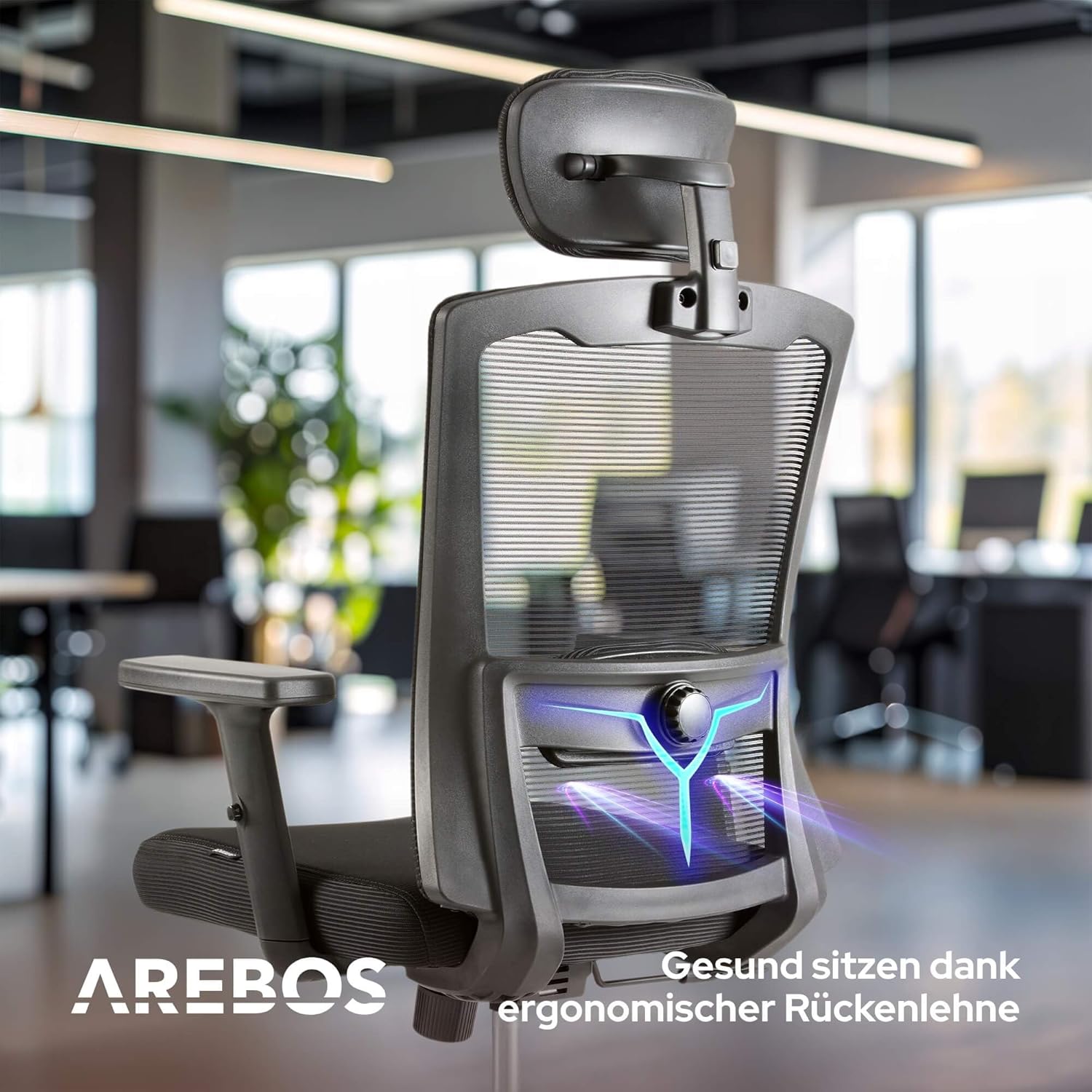 Arebos Ergonomischer Bürostuhl, Schreibtischstuhl mit verstellbarer Kopfstütze, Armlehnen, Lordosenstütze, Drehstuhl, Wippfunktion, Netz-Chefsessel, rückenschonend, Bürostuhl 136 kg – Bild 5