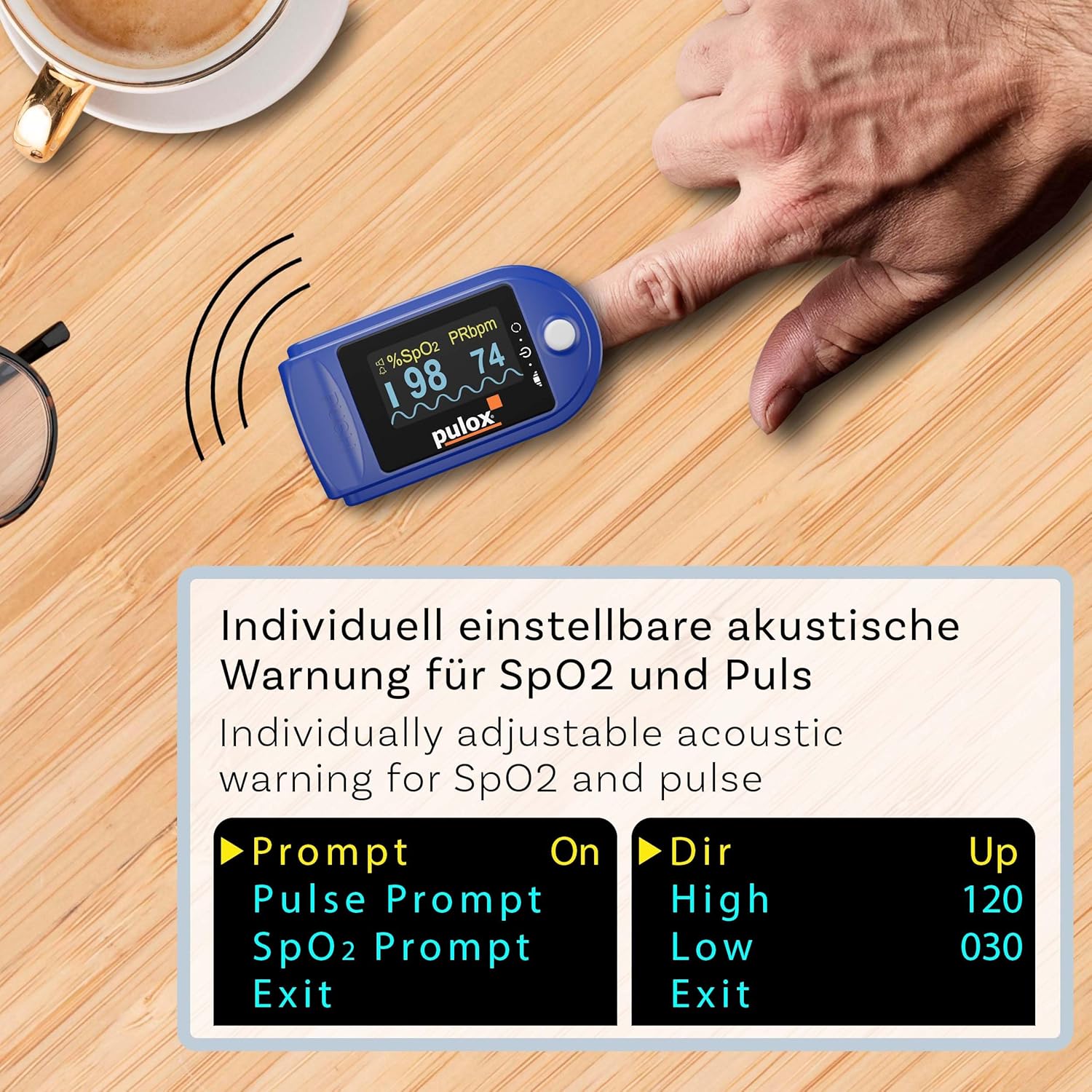 Pulsoximeter PULOX PO-200A mit zuschaltbarer Alarmfunktion und Pulston inkl. Zubehör *Farbauswahl möglich, blau – Bild 3