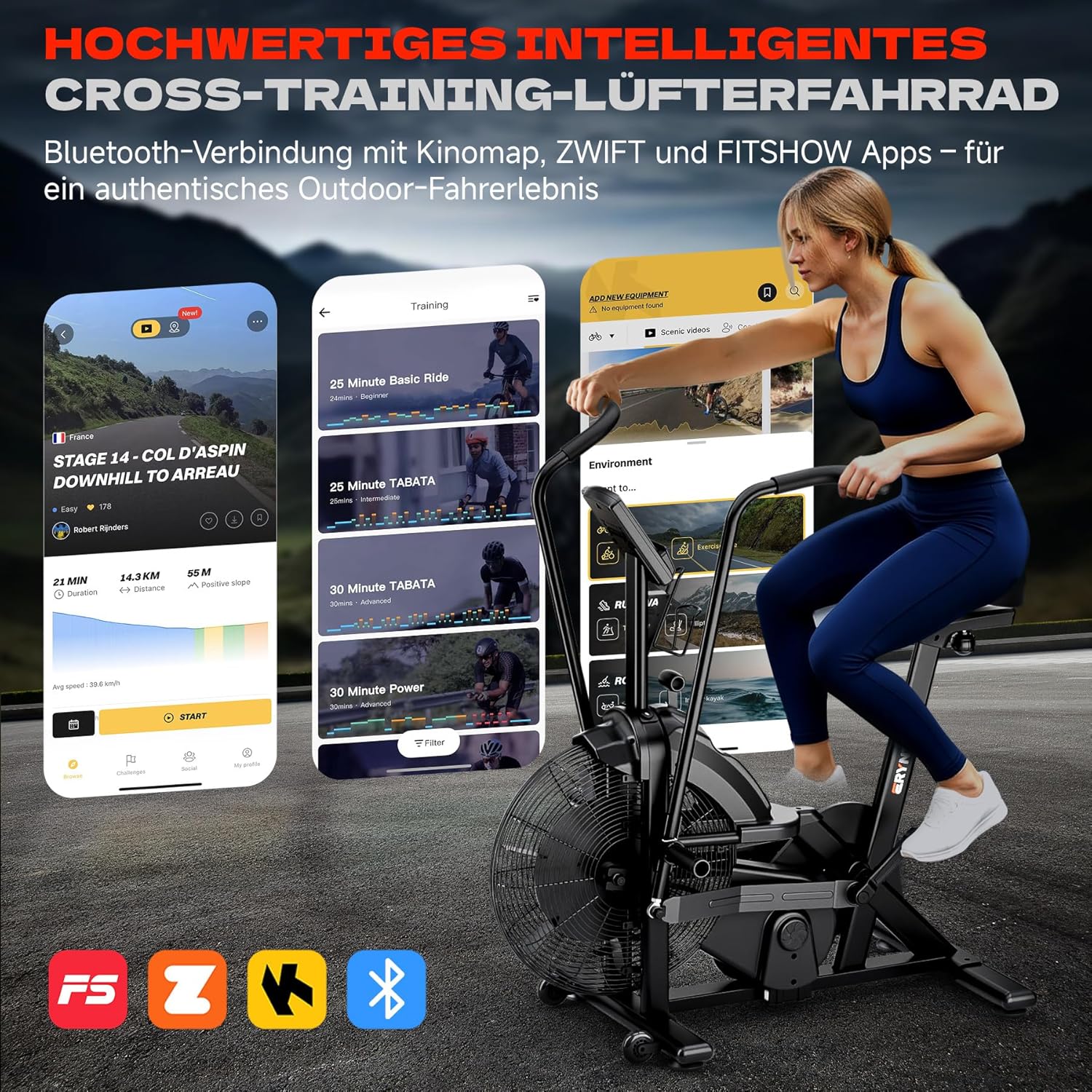 Air Bike, Heimtrainer Fahrrad Air Bike mit Luftwiderstand, Trainingsfahrrad mit einstellbarem Magnetwiderstand, Leises Indoor-Fitnessbike für Ganzkörpertraining, LCD-Monitor, App-Verbindung – Bild 5
