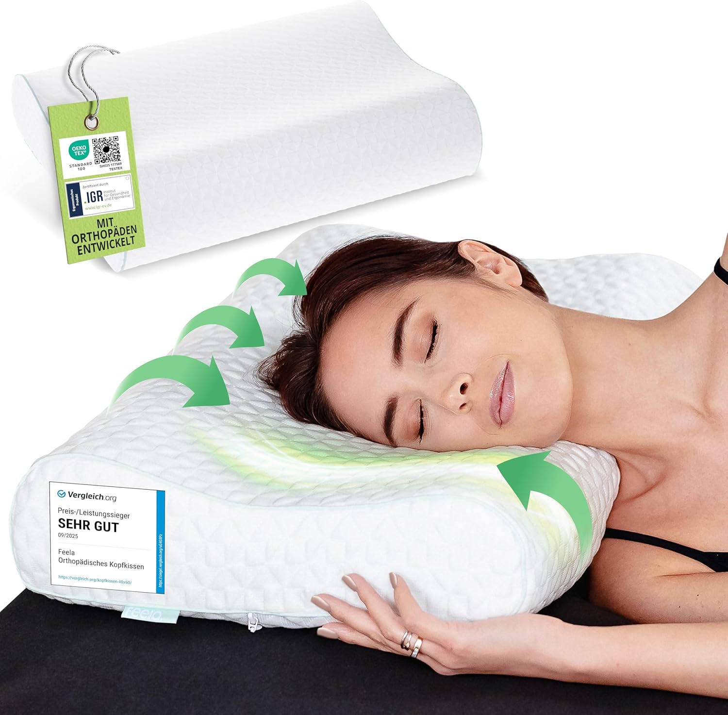 Feela. Orthopädisches Kissen/Schlafkissen (3 Härtegrade) – Lindert Nacken- und Schulterschmerzen, erhöht den Schlafkomfort und entlastet die Halswirbelsäule – Seitenschläferkissen 60 x 40 cm (mittelfest)