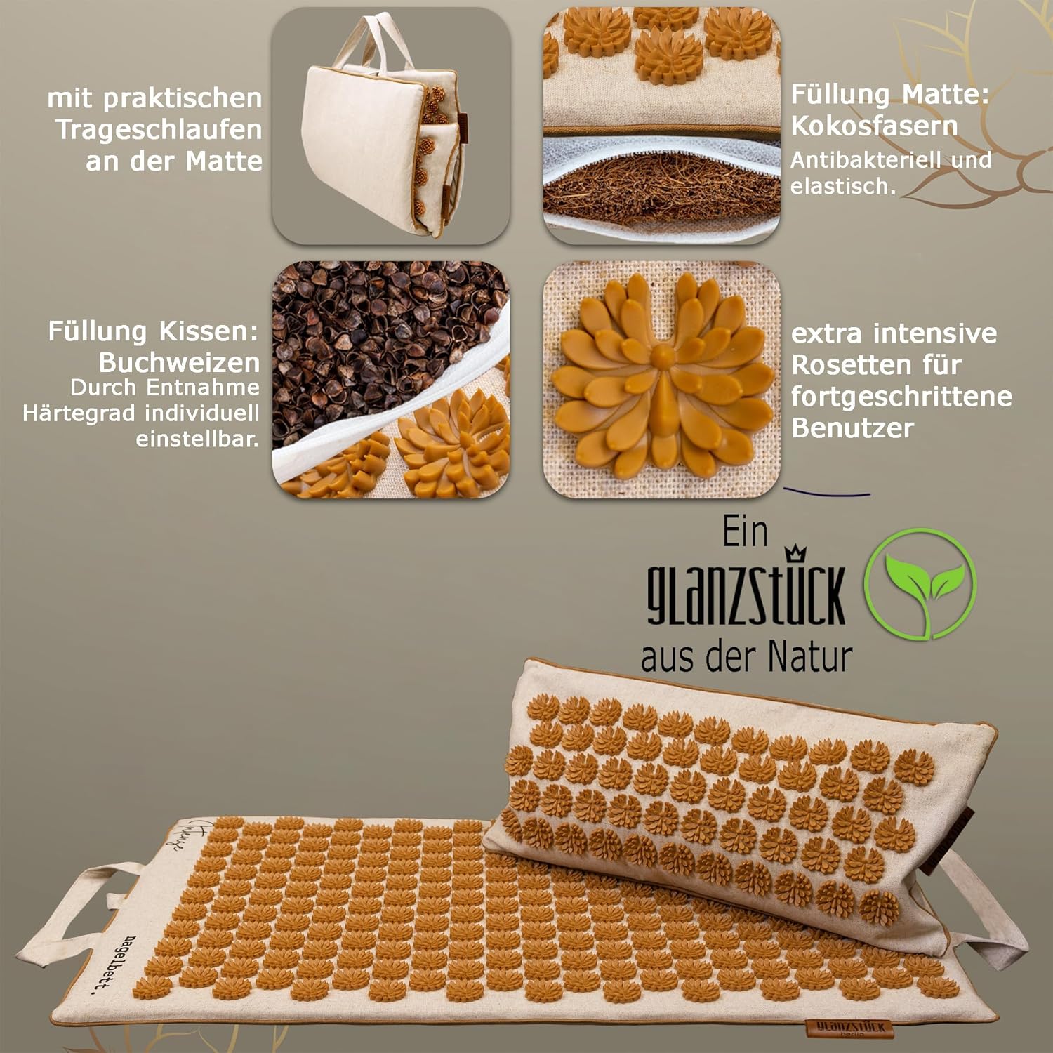 Glanzstück Berlin® Health Collection: Intense XL Akupressurmatten-Set, Leinen, hilft bei Verspannungen, Rückenschmerzen, Massagematte mit Kissen (Wärmefunktion) und Tasche, nachhaltig – Bild 8
