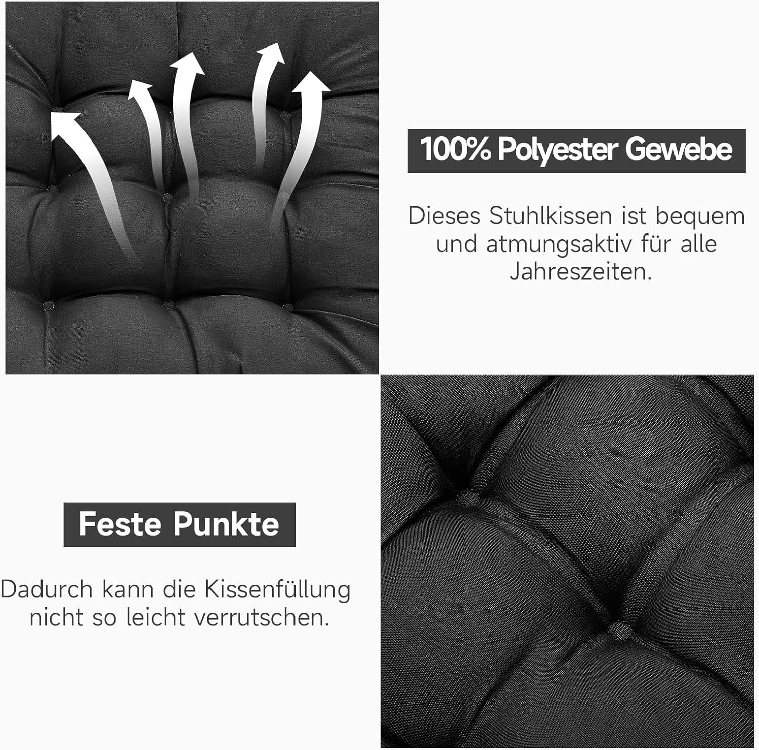 4er-Set Stuhlkissen mit Bändern, bequemes Sitzkissen, 40 x 40 cm, Stuhlkissen für Bürostuhl, Gartenstuhl, Balkonstuhl, Sitzpolsterung drinnen und draußen für Esszimmer, Wohnzimmer, Arbeitszimmer, schwarz – Bild 4