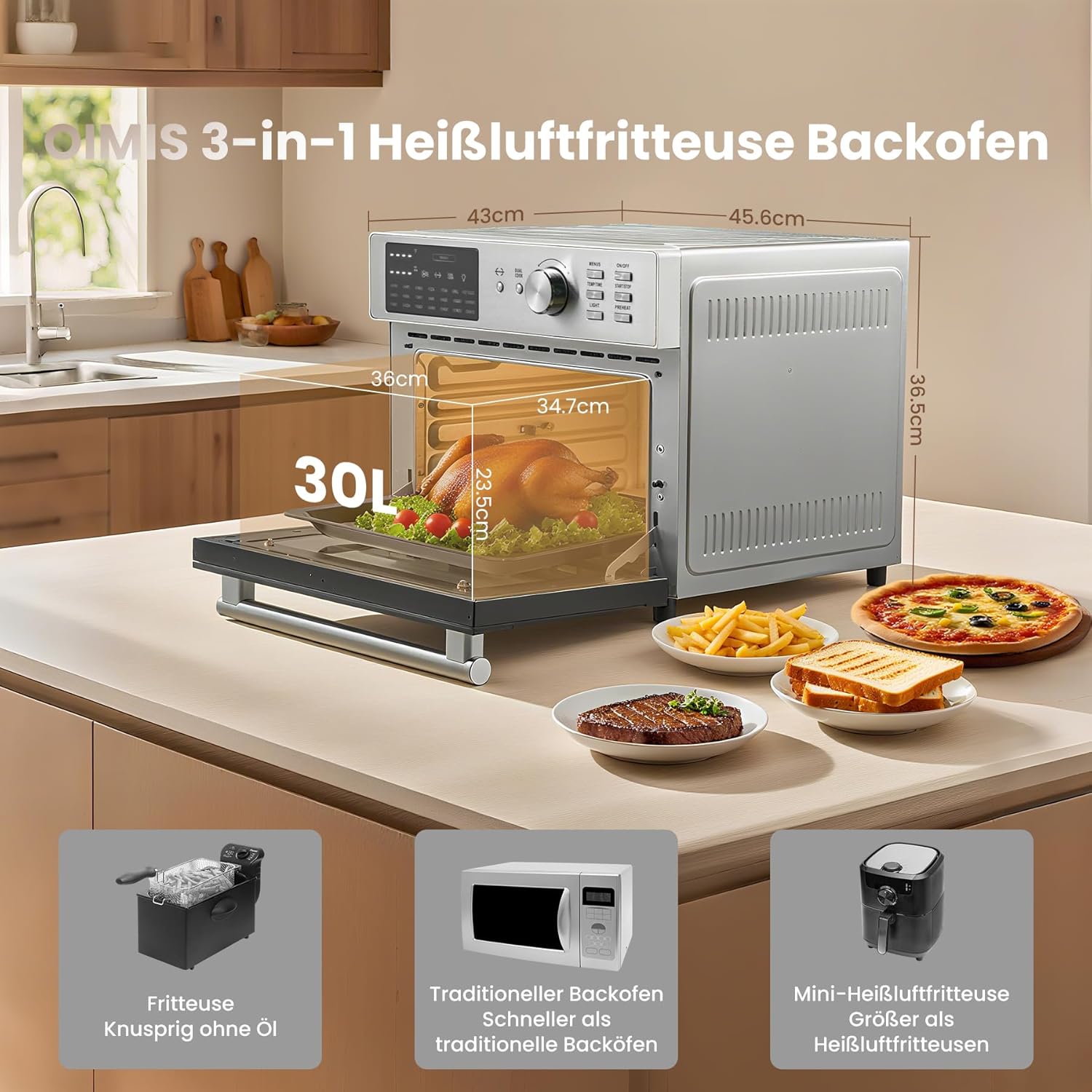Heißluftfritteuse XXL 1800 W, 30 °C – 230 °C Luftfritteuse, großes Fassungsvermögen für Familie mit Tür, Drehspieß, Grill, Joghurtbereiter, Toaster, Dörrgerät mit Dual Cook (Silber) – Bild 2