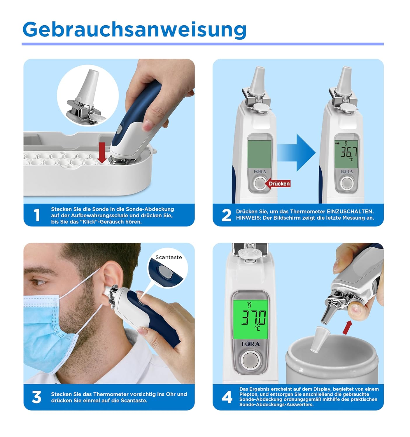 FORA IR20C Infrarot-Ohrthermometer in medizinischer Qualität mit 16 Einweg-Schutzkappen, kleiner Eisenkopf, langlebig, leicht zu reinigen – Bild 4