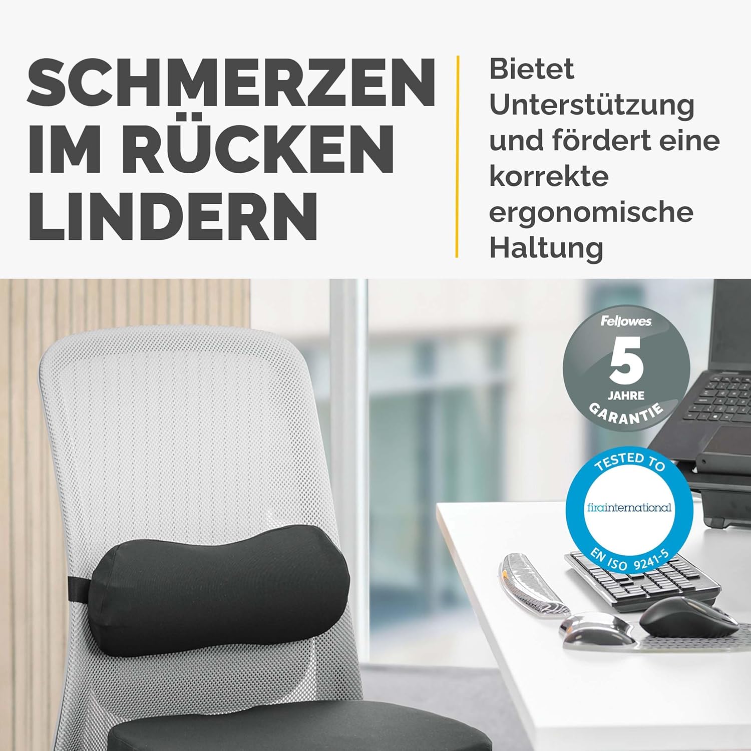 Fellowes Breyta Lendenkissen – ergonomische Rückenstütze, verstellbarer Gurt, kompakt und tragbar, umweltfreundliche Materialien, ideal für Büro und Zuhause – Bild 2
