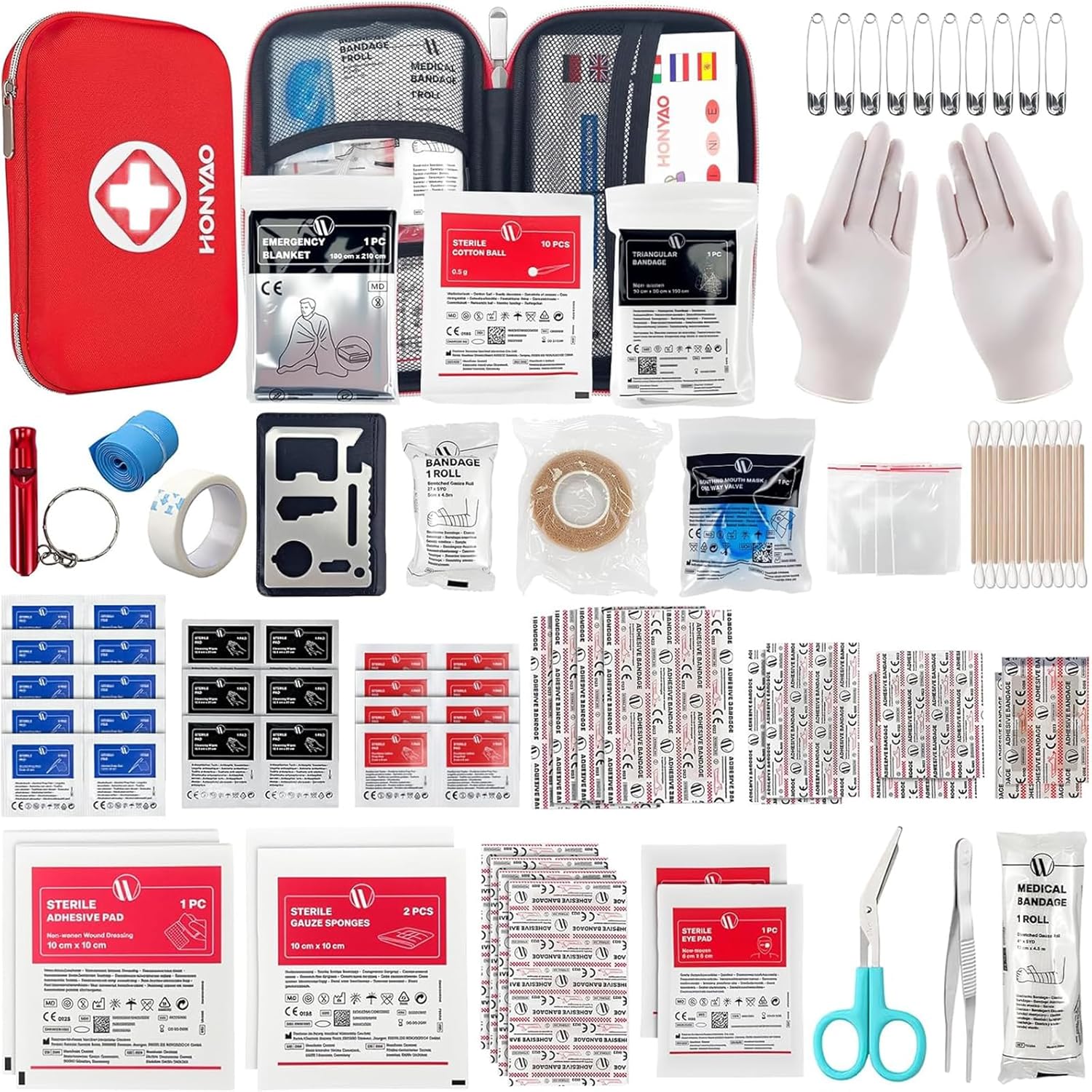 HONYAO Erste-Hilfe-Set, 200-teiliges medizinisches Survival-Kompaktset mit leichter Hartbox für Auto, Motorrad, Zuhause, Arbeitsplatz, Outdoor, Camping, Wandern, Notfall