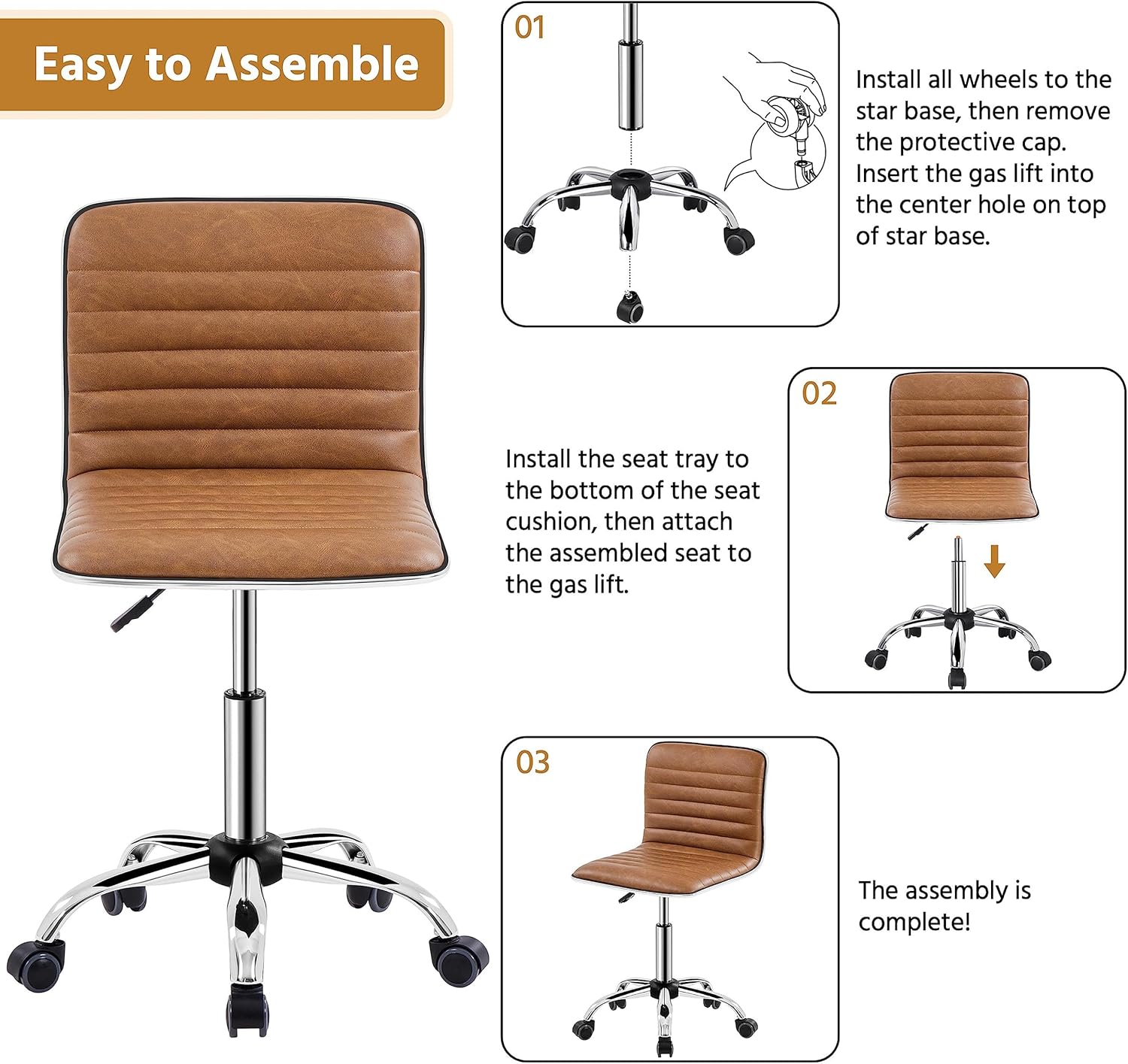 Yaheetech Bürodrehstuhl, ergonomischer Schreibtischstuhl, Drehstuhl mit Rollen, ohne Armlehne, 360° frei drehbar, höhenverstellbar, Kunstleder, Retro-Braun – Bild 6