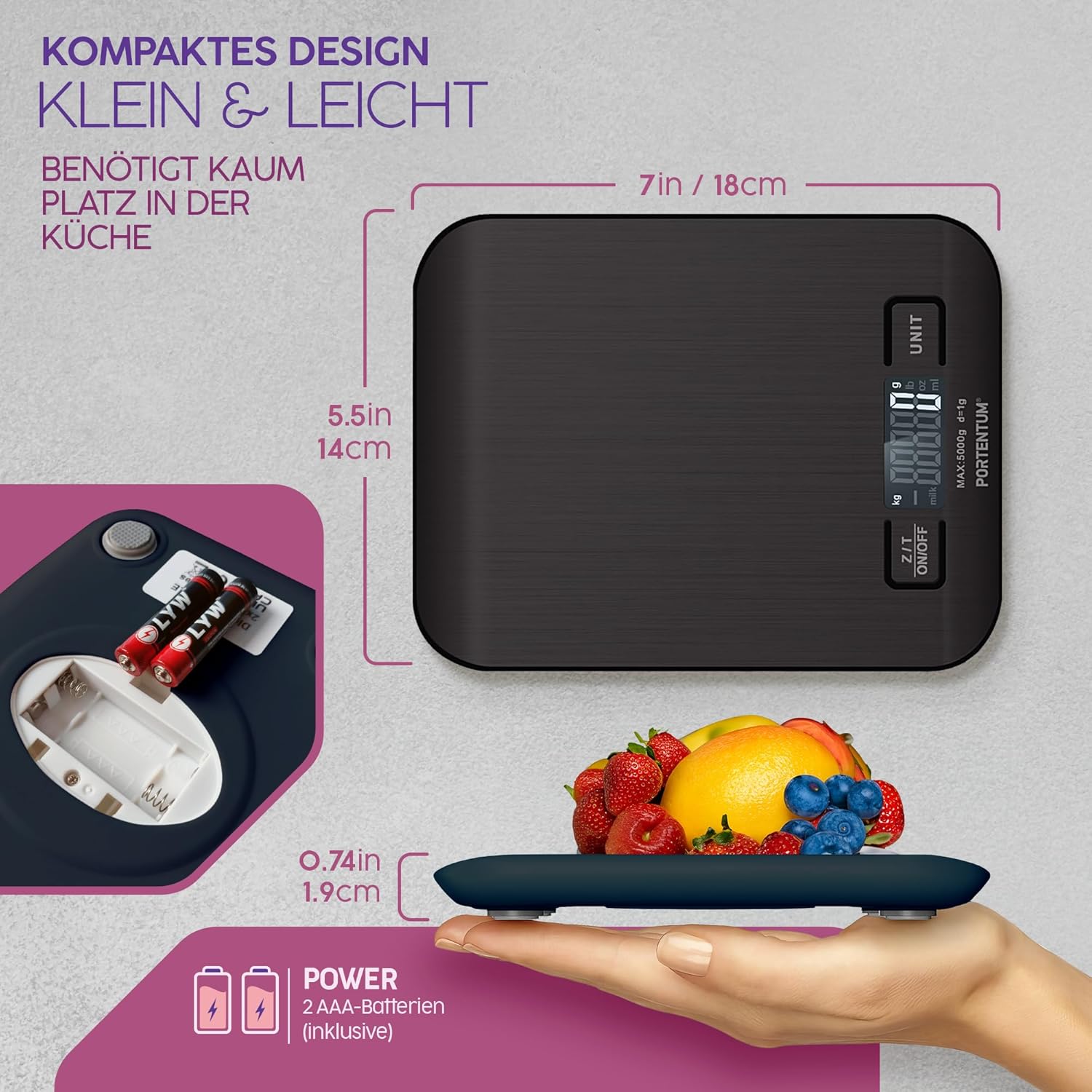 PORTENTUM Digitale Küchenwaage 5 kg mit großem LCD-Display, Digitalwaage, Briefwaage mit großer Wiegefläche aus Edelstahl, Flüssigkeitsmessung, hohe Präzision bis 1 g, Tarafunktion, schwarz – Bild 6