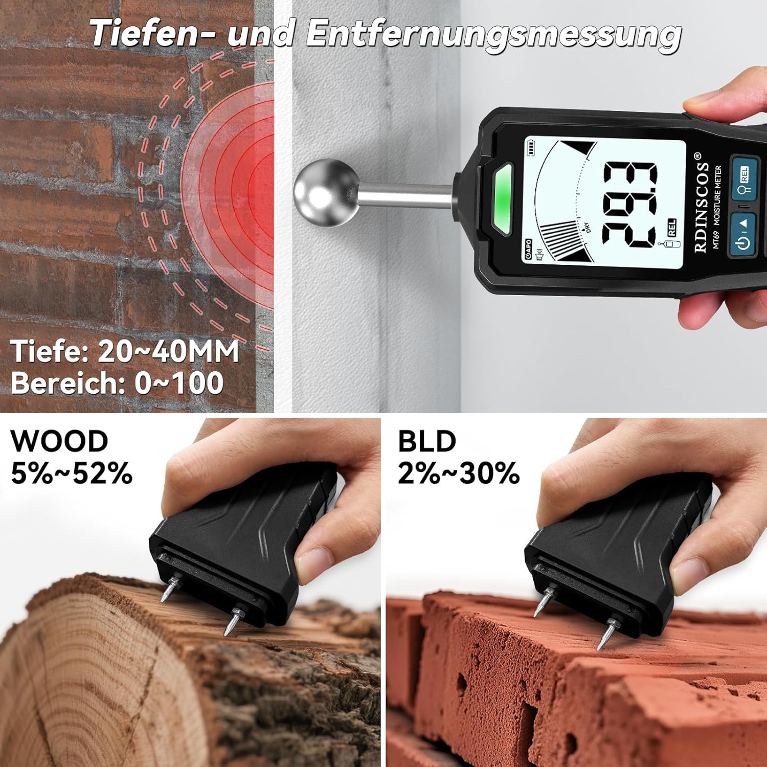 RDINSCOS Wand-Feuchtigkeitsmesser, stift- und stiftloser Feuchtigkeitsmesser, Feuchtigkeitsalarm-Kugelsensor für zerstörungsfreie Bereichsscans für Wände, Holz, Mauerwerk, Beton und andere Baumaterialien – Bild 6
