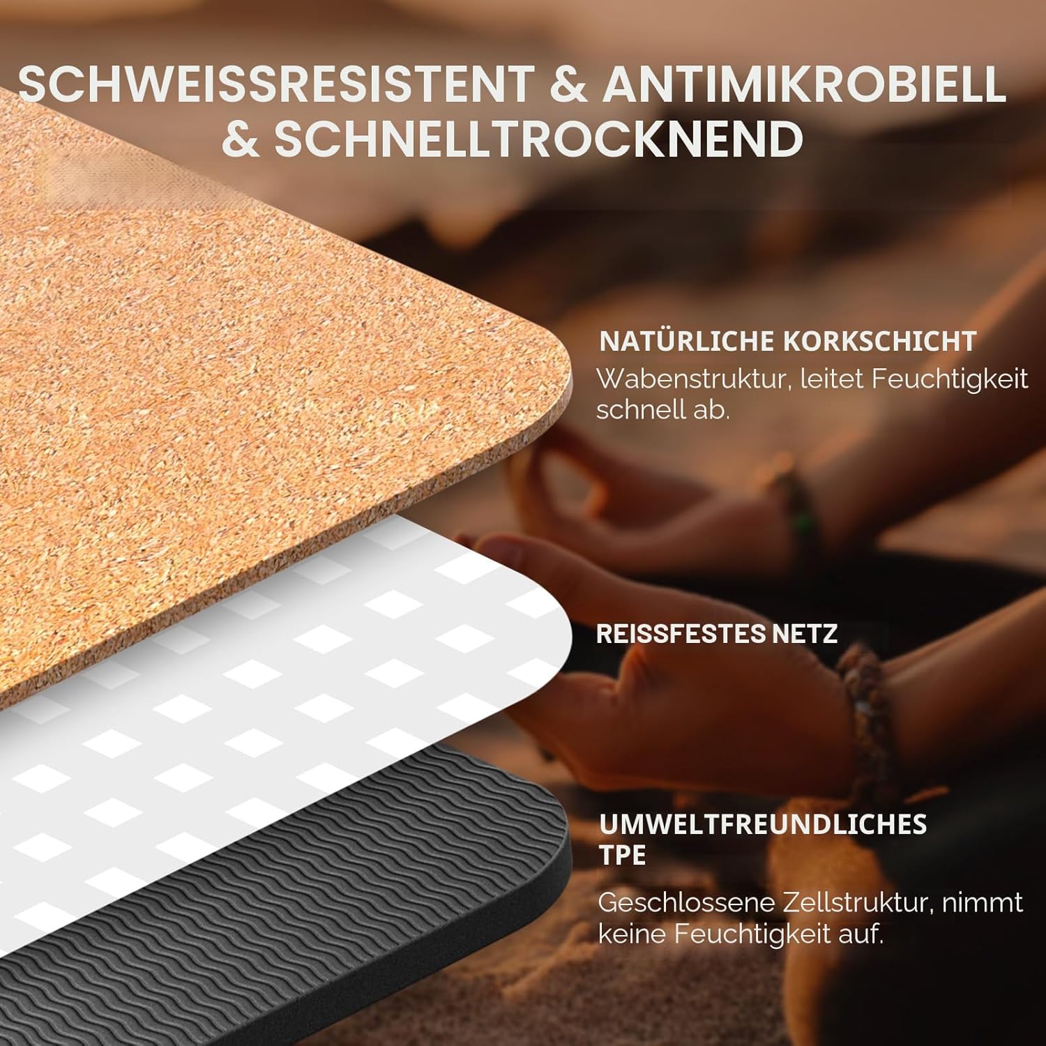 Yogamatte, rutschfest, einzigartiges Design, Naturkork, TPE-Material, Fitness-Trainingsmatte, rutschfest, für Zuhause, Pilates, Aerobic, Fitness & Training, 183 x 61 cm – Bild 3