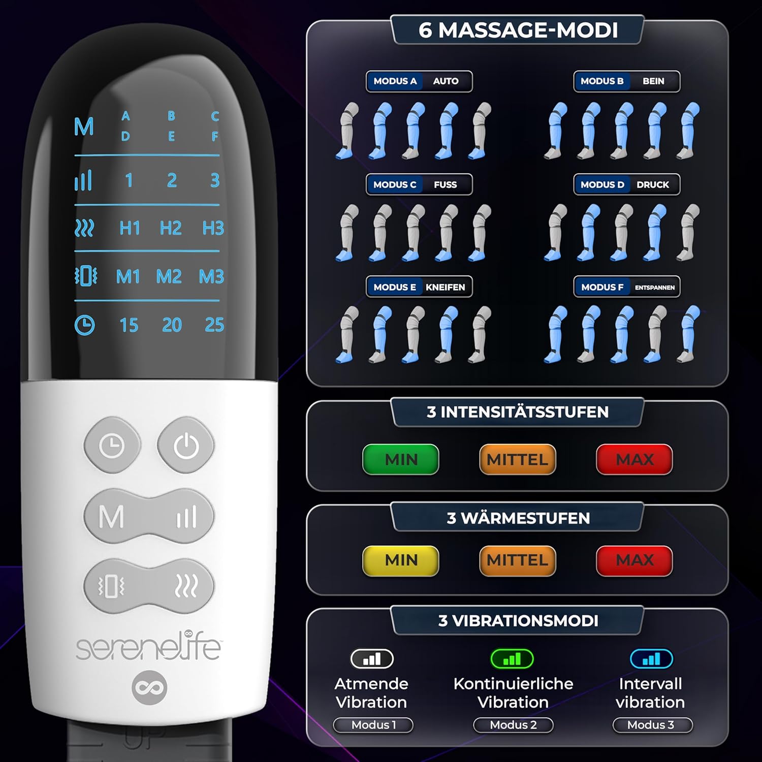 SereneLife Beinmassagegerät mit Wärme und Luftkompression – für Waden, Knie und Füße, 6 Modi, 3 Intensitäten, 3 Wärmestufen, Vibration, für Durchblutung und Muskelentspannung, Geschenkidee – Bild 5