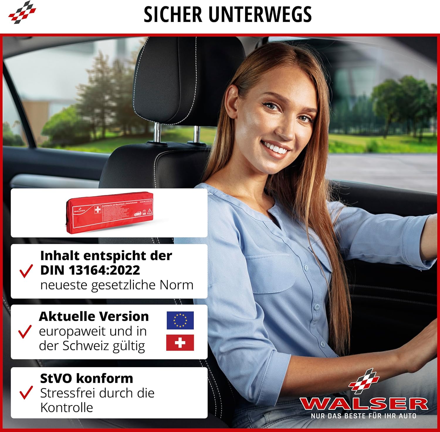 WALSER Kfz-Verbandstasche 2026 nach StVO konform, 3-in-1 Kfz-Verbandskasten mit Pannendreieck und Warnweste, Kombitasche, Verbandskasten, Warnweste PKW + Warndreieck PKW DIN 13164 – Bild 2