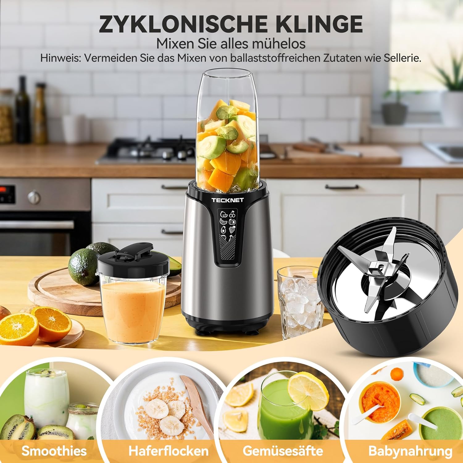 TECKNET 1000 W Smoothie Maker, Smoothie Mixer mit 2 BPA-freien Bechern (500 ml & 150 ml), Standmixer klein mit Kreuzklingen aus 304 Edelstahl, Smoothie Maker to Go für Milchshakes & Smoothie & Babynahrung – Bild 3