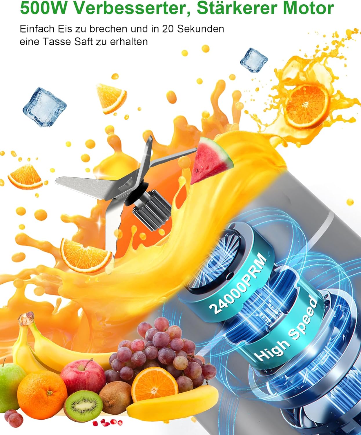 Mixer, Smoothie Maker, 500 W Mini-Standmixer mit 2 x 570 ml Tritan BPA-freier Flasche, tragbarer Edelstahlmixer, geräuscharm, leicht zu reinigendes 4-Klingen-System, für jede Art von Shake und Smoothie – Bild 2