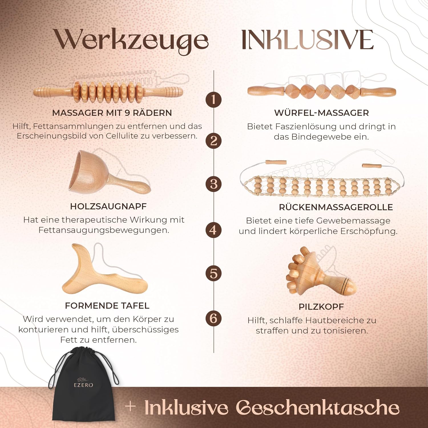 Ezero Maderotherapy 6er-Set – Professionelles Maderotherapy-Massageset aus Holz & Holztherapie-Massagewerkzeuge mit Faszienstab – für Lymphdrainage, Anti-Cellulite-Massage und Körperformung – Bild 3