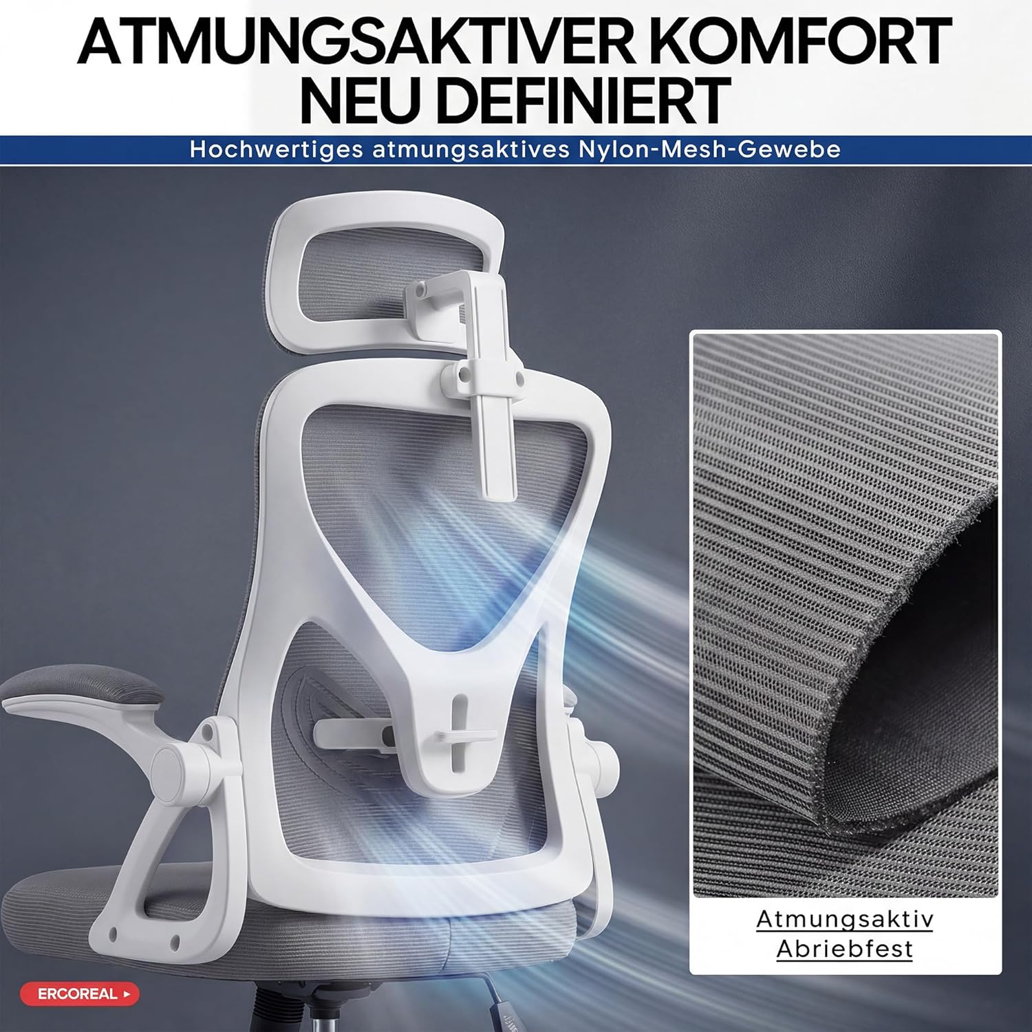 Ergonomischer Netz-Bürostuhl für das Heimbüro, mit verstellbarer Lordosenstütze & 2D-Kopfstütze, klappbaren Armlehnen, leisen PU-Rädern, stabiler Gasfeder Klasse 3, bis 150 kg (Grauweiß) – Bild 7