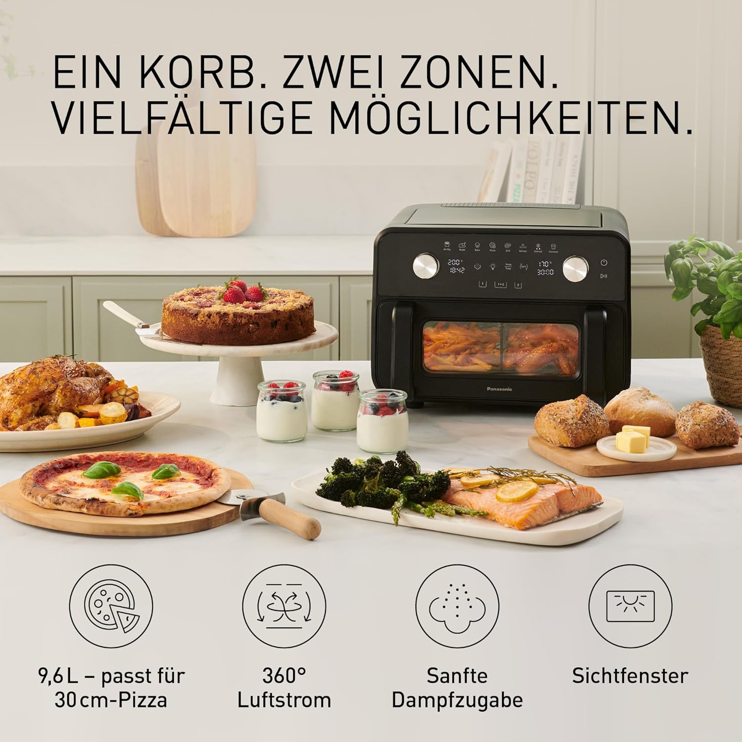 Panasonic NF-BC1000 Flex Heißluftfritteuse mit Sichtfenster, XL flexibler Garkorb, herausnehmbare Trennwand für 2 Kochzonen, 9,6 Liter, 30–230 °C, sanfter Dampf, 8 Voreinstellungen, leicht zu reinigen, Schwarz – Bild 2