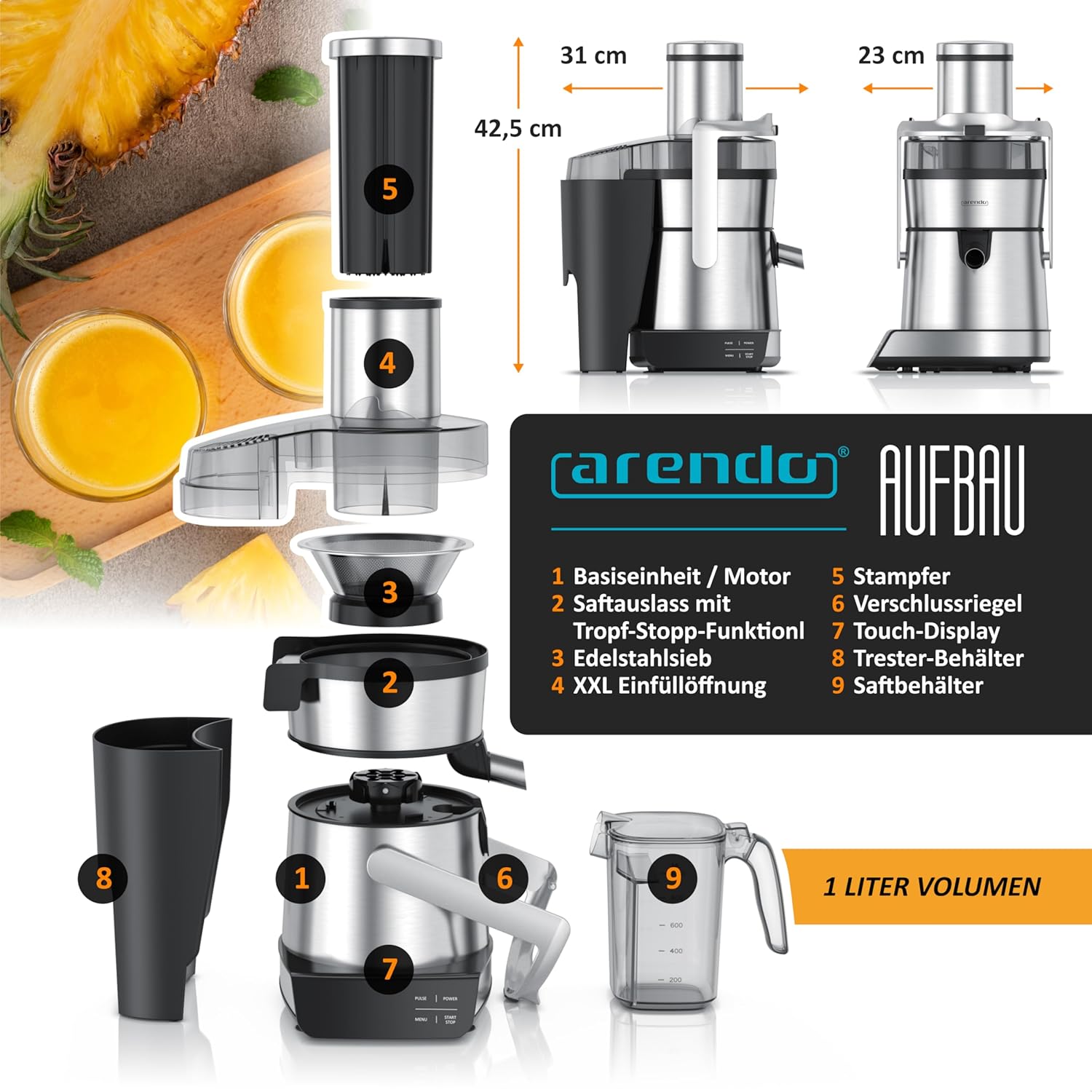 Arendo - Digitaler Entsafter mit Display - 1 Liter - 1000 Watt - XXL-Einfüllschacht - LED-Anzeige - Farbsymbole - Tropfschutz - Pulse-Funktion - Für Gemüse und Obst - Sicherheitsverriegelung - Inkl – Bild 7