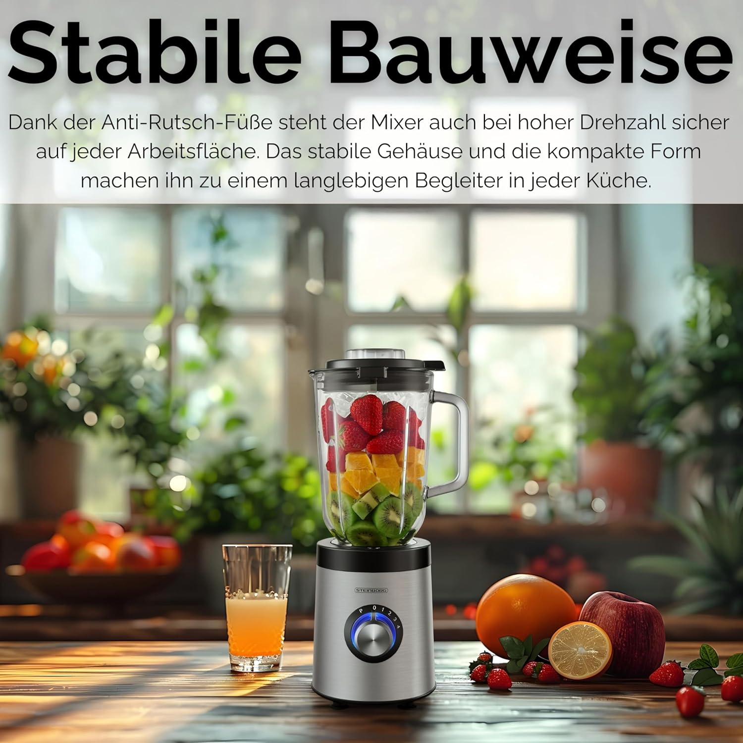Steinborg Standmixer aus Glas, Edelstahl, 800 Watt, 1,5 Liter Glaskanne, Universal-Powermixer, Smoothie-Maker, Zerkleinerer, Multifunktionsmixer, 6-Wege-Messer, Eiscrusher, 5 Stufen + Pulsfunktion – Bild 8