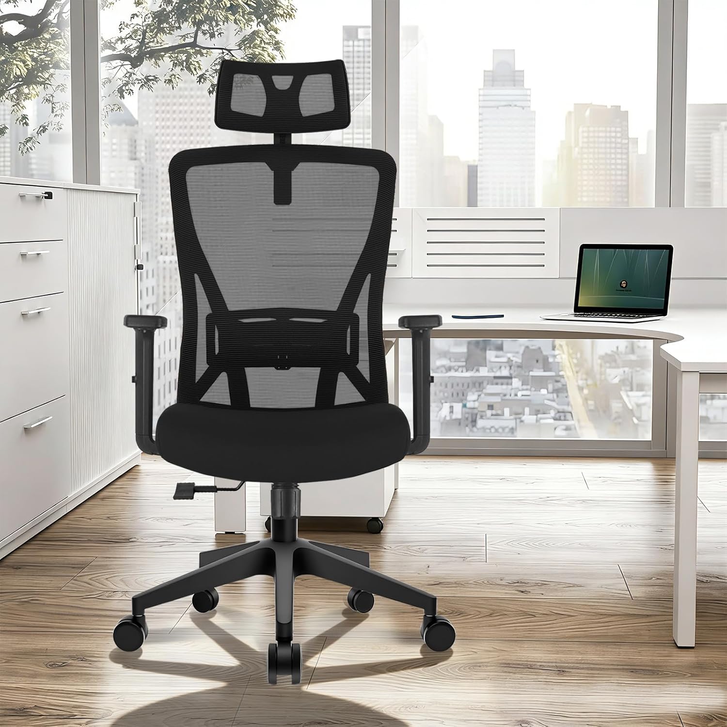 Durrafy Ergonomischer Bürostuhl mit verstellbarer Kopfstütze – Bequemer Schreibtischstuhl mit Lordosenstütze, atmungsaktiver Netzrückenlehne und Wippfunktion, Schwarz – Bild 2