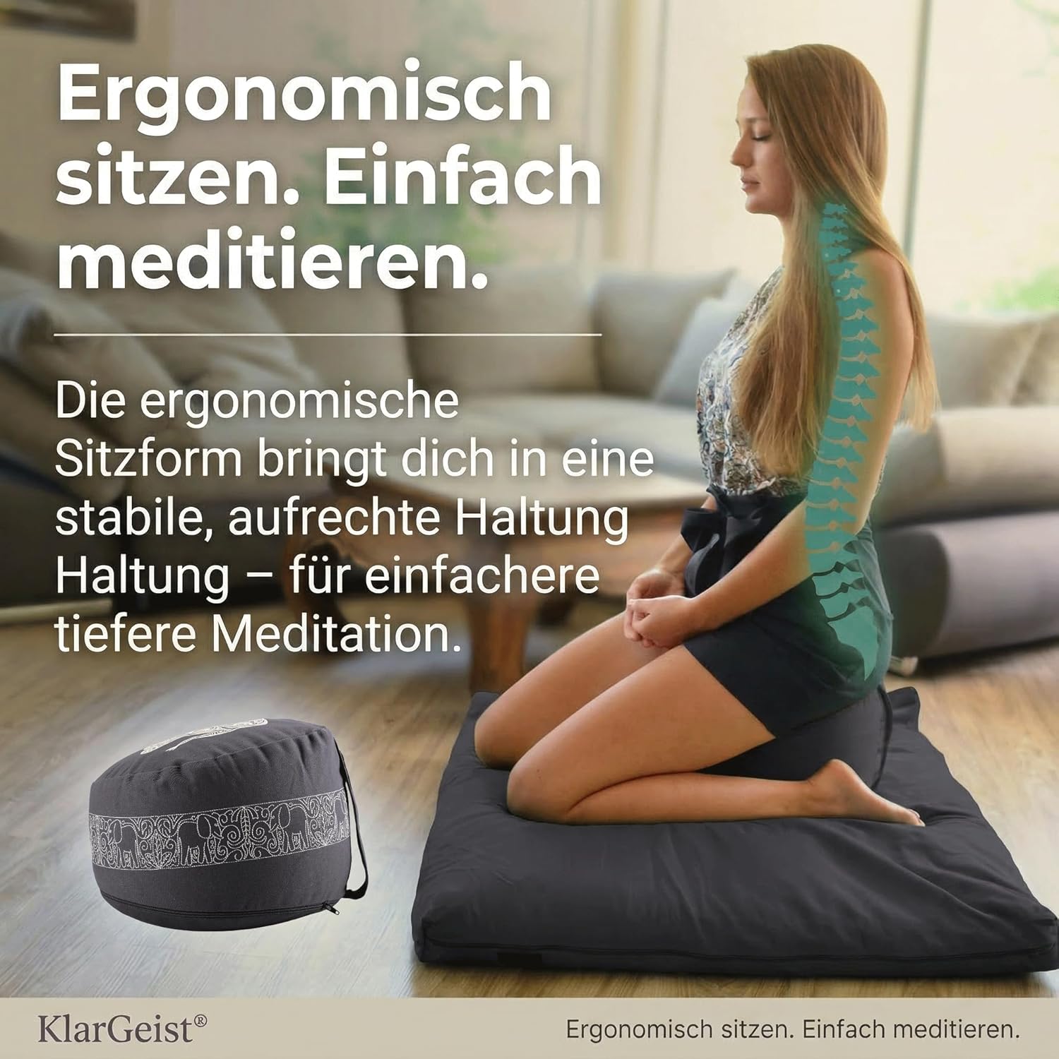 Ergo - Ergonomisches Meditationskissen – Das Yoga Kissen & Yogakissen rund | Yoga Sitzkissen Rund | Bodensitzkissen | Zafu mit Buchweizenschalen | Meditationskissen Elefant Anthrazit – Bild 2
