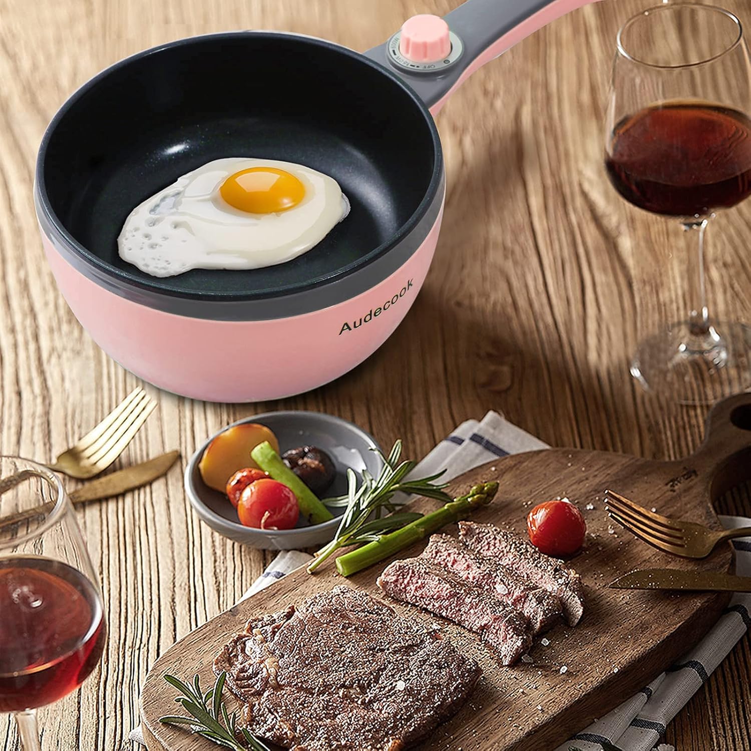 Audecook Elektrischer Hot Pot mit Dampfgarer, 1,5 l/20 cm elektrische Bratpfanne, Hotpot-Topf, antihaftbeschichtete Mini-Elektropfanne, Multikocher für Dorm Ramen, Steak (C (Rosa/1,5 l mit Dampfgarer)) – Bild 5