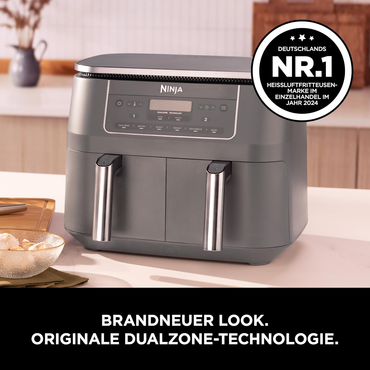 Digitale Heißluftfritteuse mit zwei Zonen von Ninja, 2 Schubladen, 6-in-1, ölfreie Heißluftfritteuse, 7,6 l, Heißluftfritteuse, maximale Knusprigkeit, Braten, Backen, Aufwärmen, spülmaschinenfeste Körbe, Metallic-Grau DZ300EU – Bild 2
