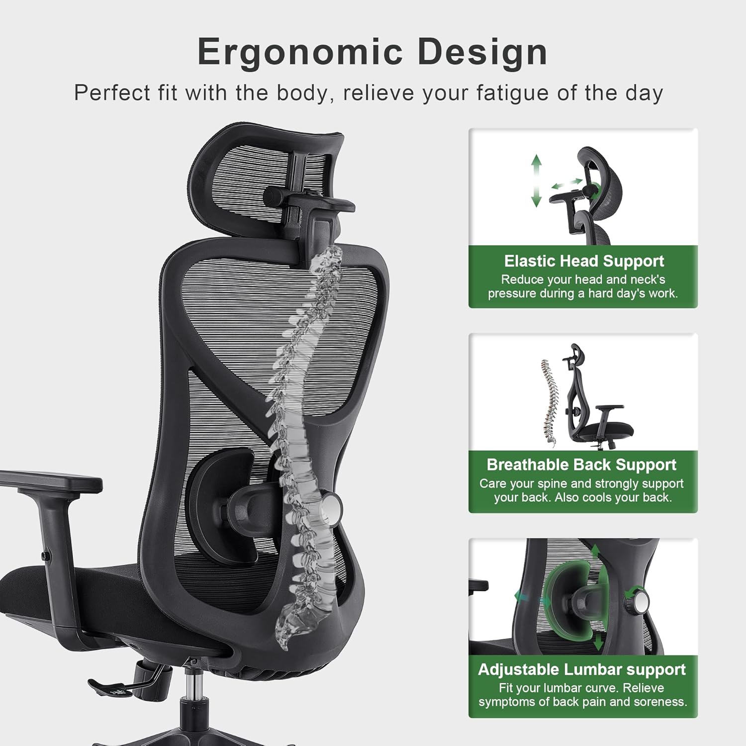 CALIYO G-1635H Ergonomischer Bürostuhl, Schreibtischstuhl mit verstellbarer Kopfstütze, Armlehnen, Lordosenstütze und Wippfunktion – Drehstuhl aus atmungsaktivem Netzstoff, Gaming-Stuhl, Bürostuhl 150 kg, Schwarz – Bild 4