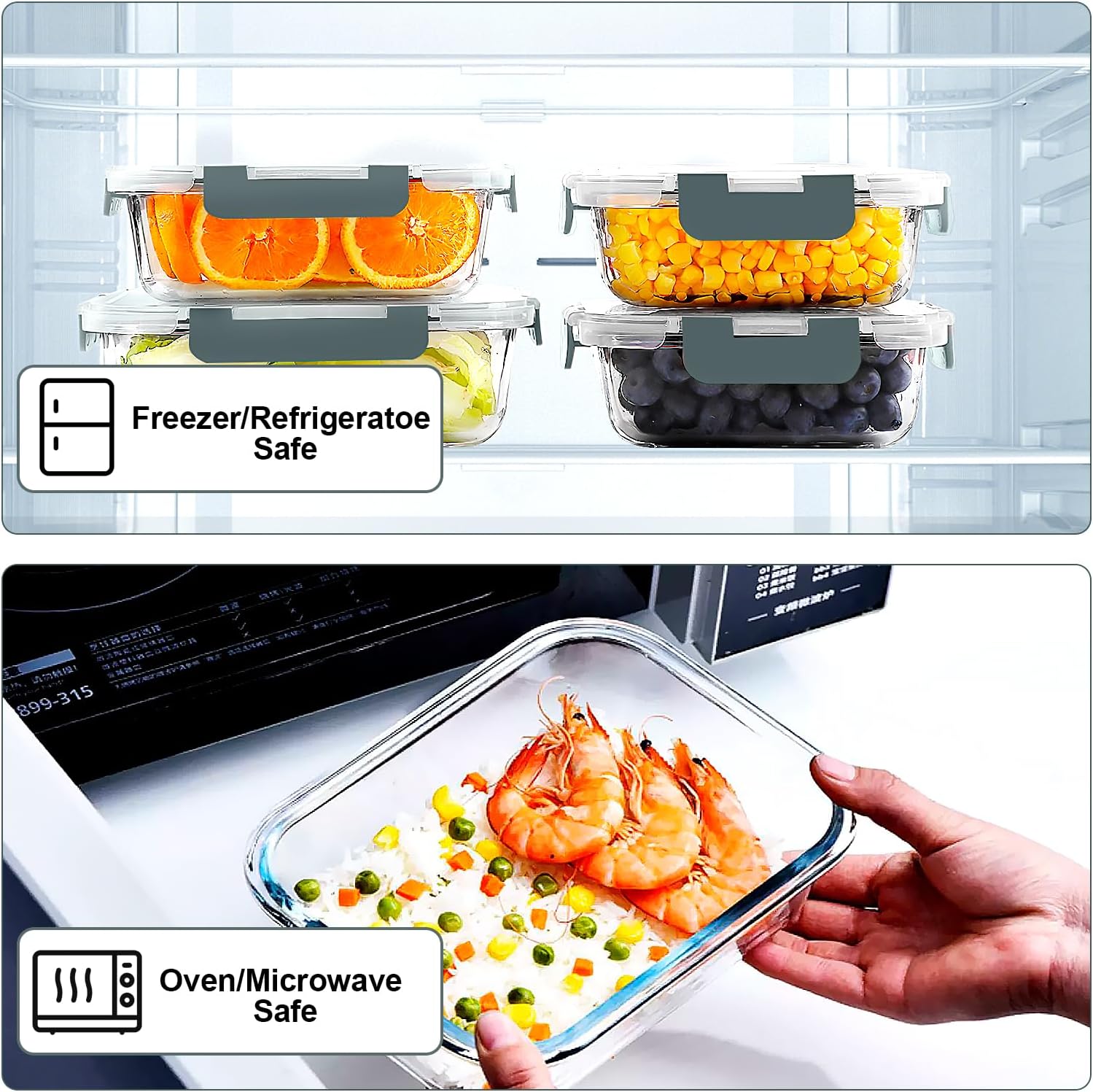VERONES 10-teiliges Crisper-Set aus Glas, luftdichte Lunchbehälter aus Glas, versiegelte und stapelbare Glasbehälter mit Deckel, Gefrierschrank und Spülmaschine, Grau – Bild 4