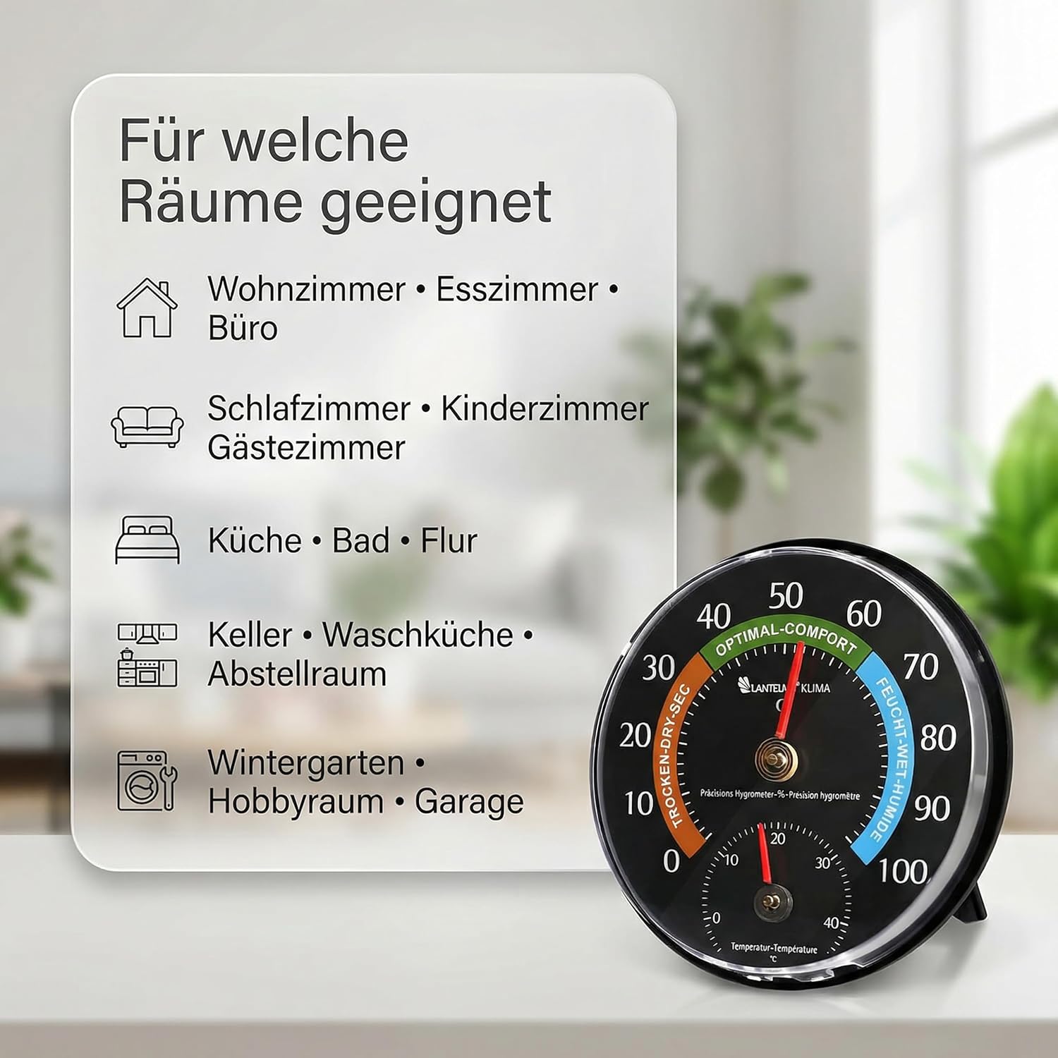 Lantelme Kombi-Thermometer, Hygrometer, Temperatur -5 bis + 45 °C und Luftfeuchtigkeit 0 % – 100 % relativ, analog, präzise Anzeigen für Schimmelschutz, Raumklima und Heizkosten im Innenbereich – Bild 13