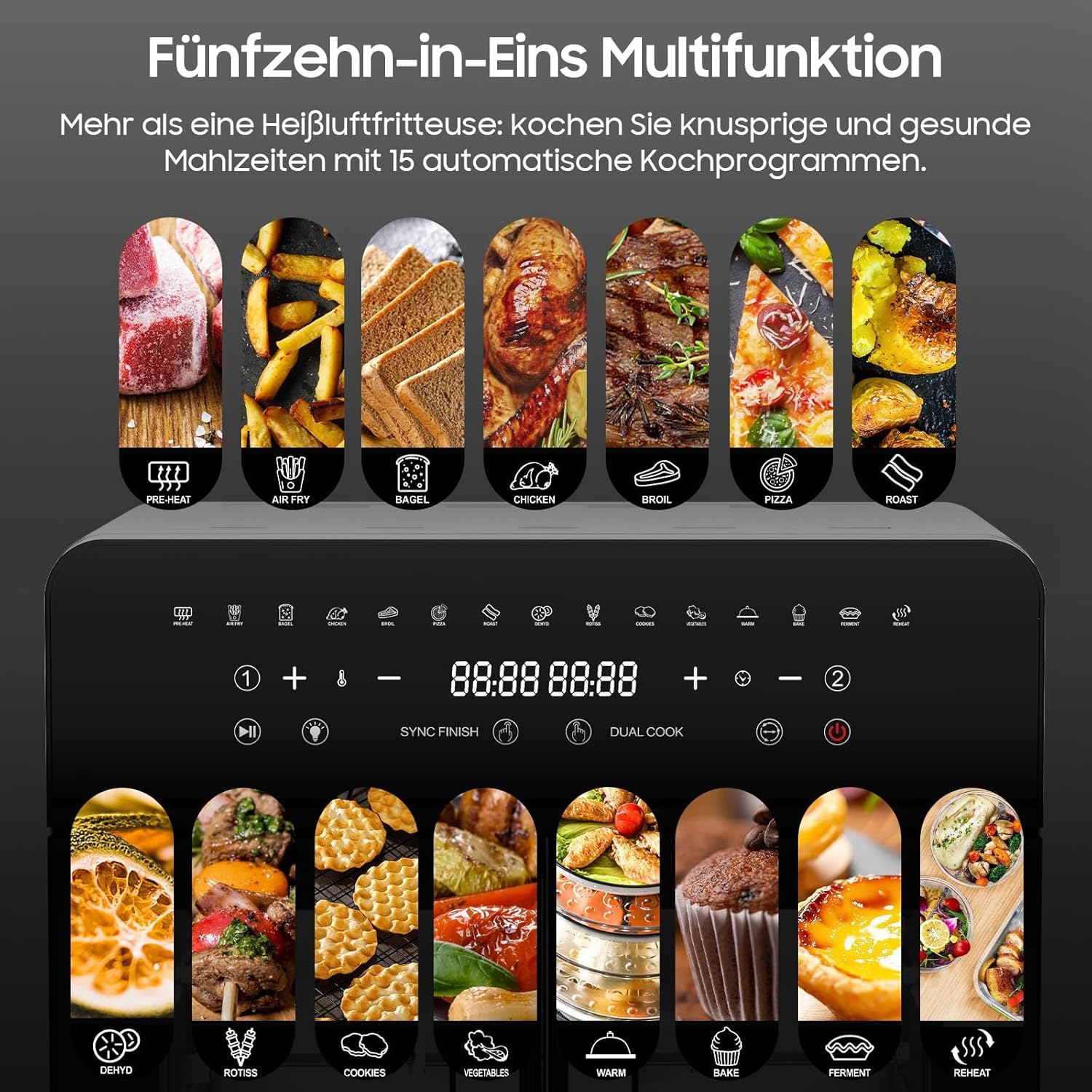 Heißluftfritteuse 23L Dual Zone – XXL Airfryer mit französischer Tür, Heißluftfritteuse mit Doppelkammer, 15 Programme, 2200 W, 12 Zubehörteile, herausnehmbare Trennwand für den Garraum, 50–200 °C – Bild 2