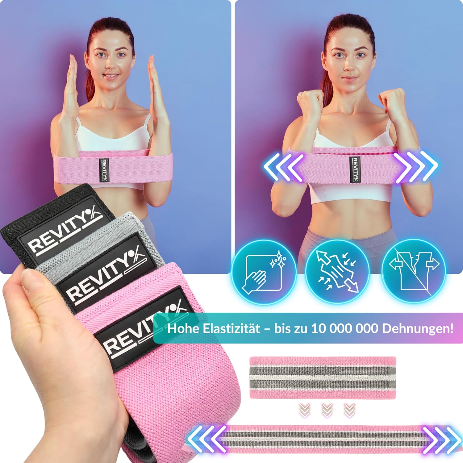 Widerstandsbänder Stoff – 3er-Set Fitnessbänder für Beine und Gesäß, rutschfest, 30-Tage-Trainingsplan PDF, Fitnessband aus Naturlatex und weichem Stoff, langlebig, mit Tragetasche – Bild 4