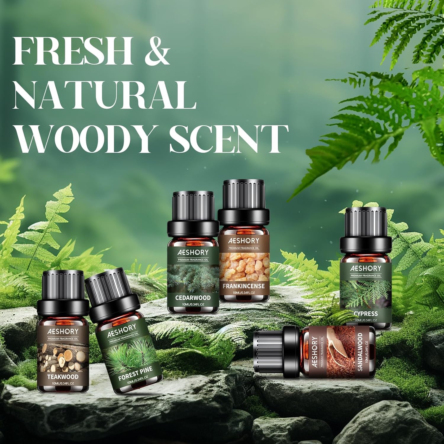 AESHORY Woody Essential Oils Set 6 x 10 ml, natürliches Aromatherapie-Duftöl-Geschenkset für Diffusor, Kerzenherstellung – Weihrauch, Sandelholz, Zedernholz, Teak, Zypresse, Waldkiefer – Bild 2