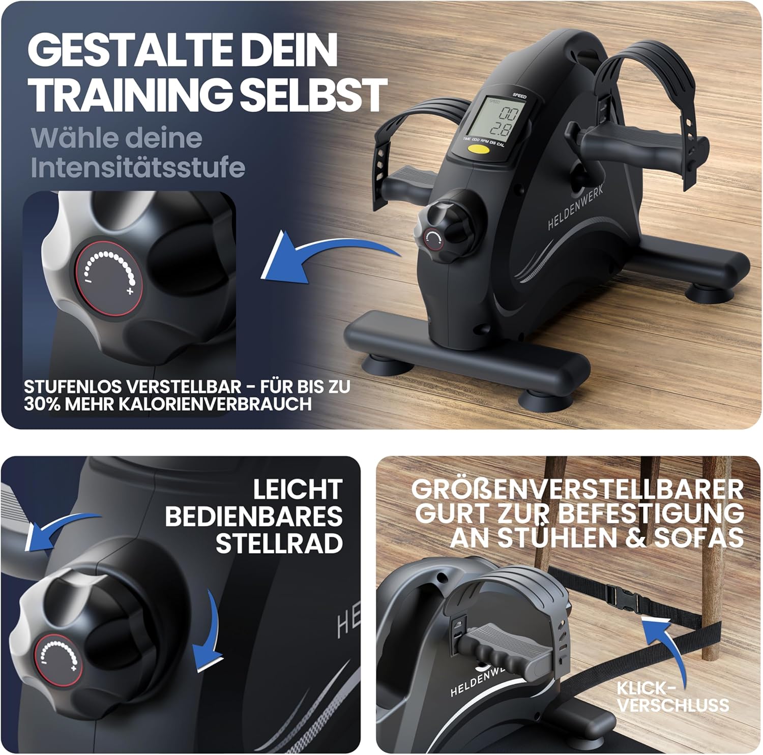 HELDENWERK Pedaltrainer Basis-Set – TÜV/GS geprüft mit Befestigungsgurt und Antirutschmatte – Arm- und Beintrainer für zu Hause – Senioren Pedaltrainer, Heimtrainer – Bild 4