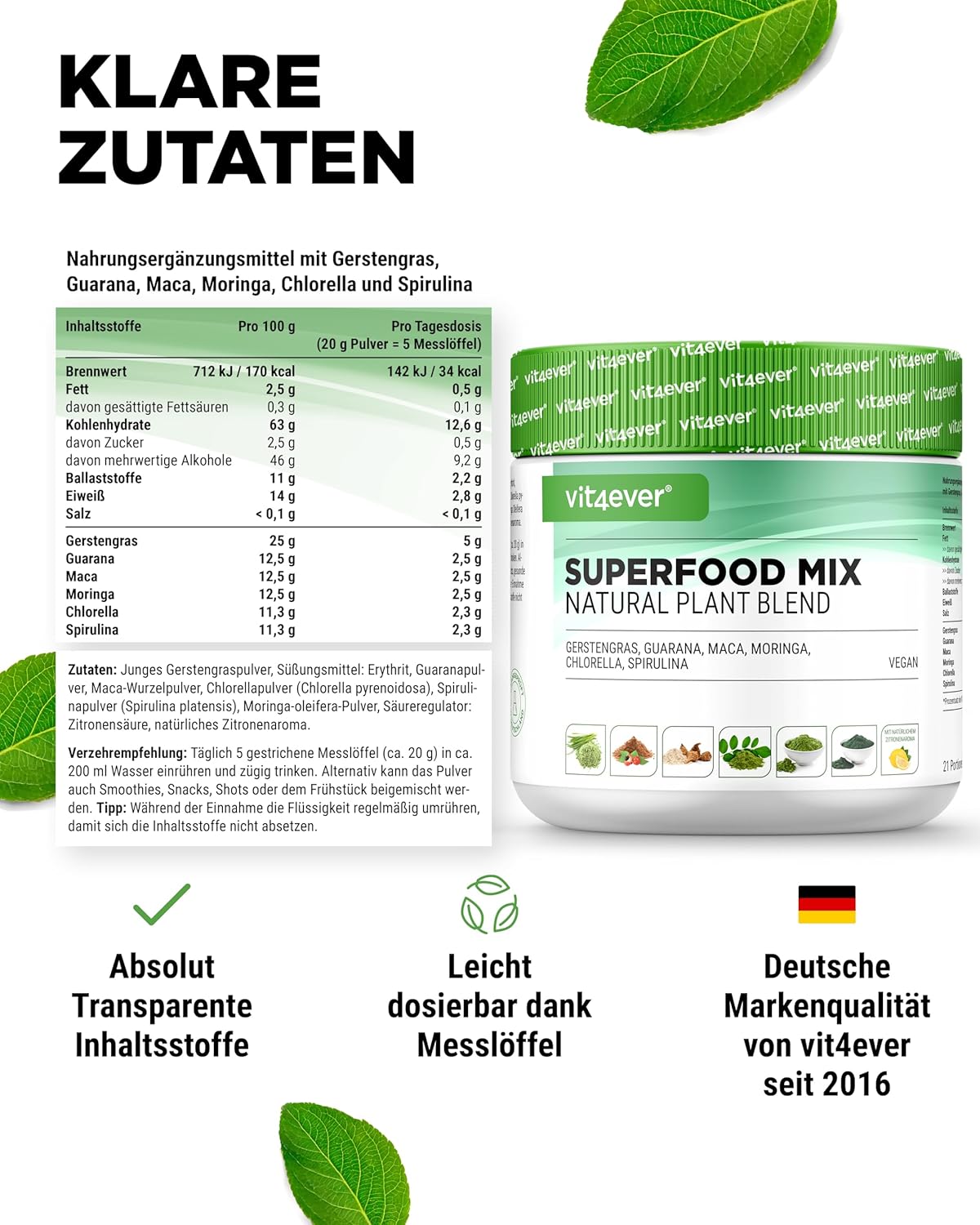 vit4ever Superfood Mix Pulver – 420 g mit 6 Superfoods (Gerstengras, Spirulina, Chlorella, Moringa, Maca & Guarana) – natürliches Zitronenaroma – Bild 6