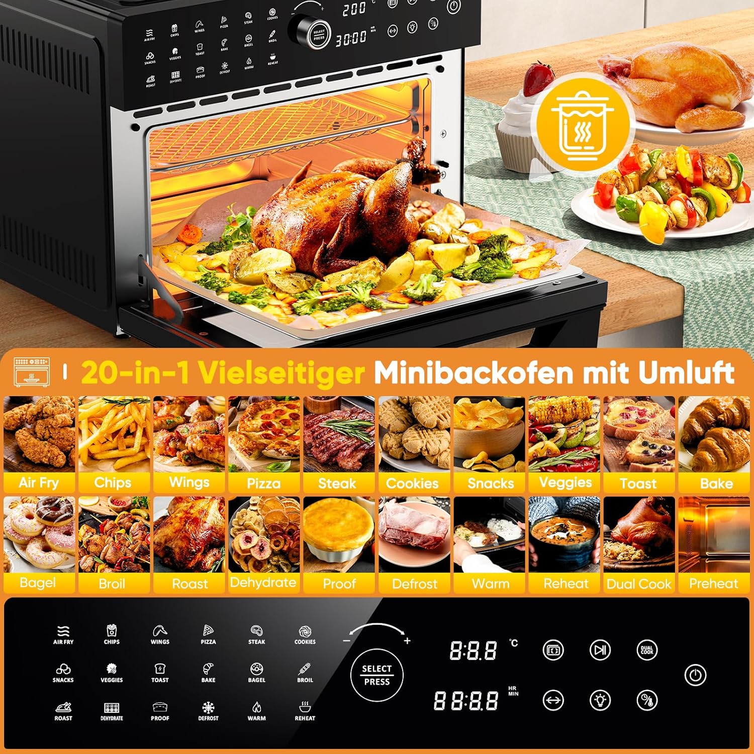 30L Heißluftfritteuse XXL Minibackofen mit LED-Touchscreen, Minibackofen mit Konvektionsluft mit 20 Programmen und zwei Garmodi, 1800W Heißluftfritteuse Heißluftfritteuse ohne Öl, 8 Stunden Timer, Rezeptbuch, 7 Anhänge – Bild 4