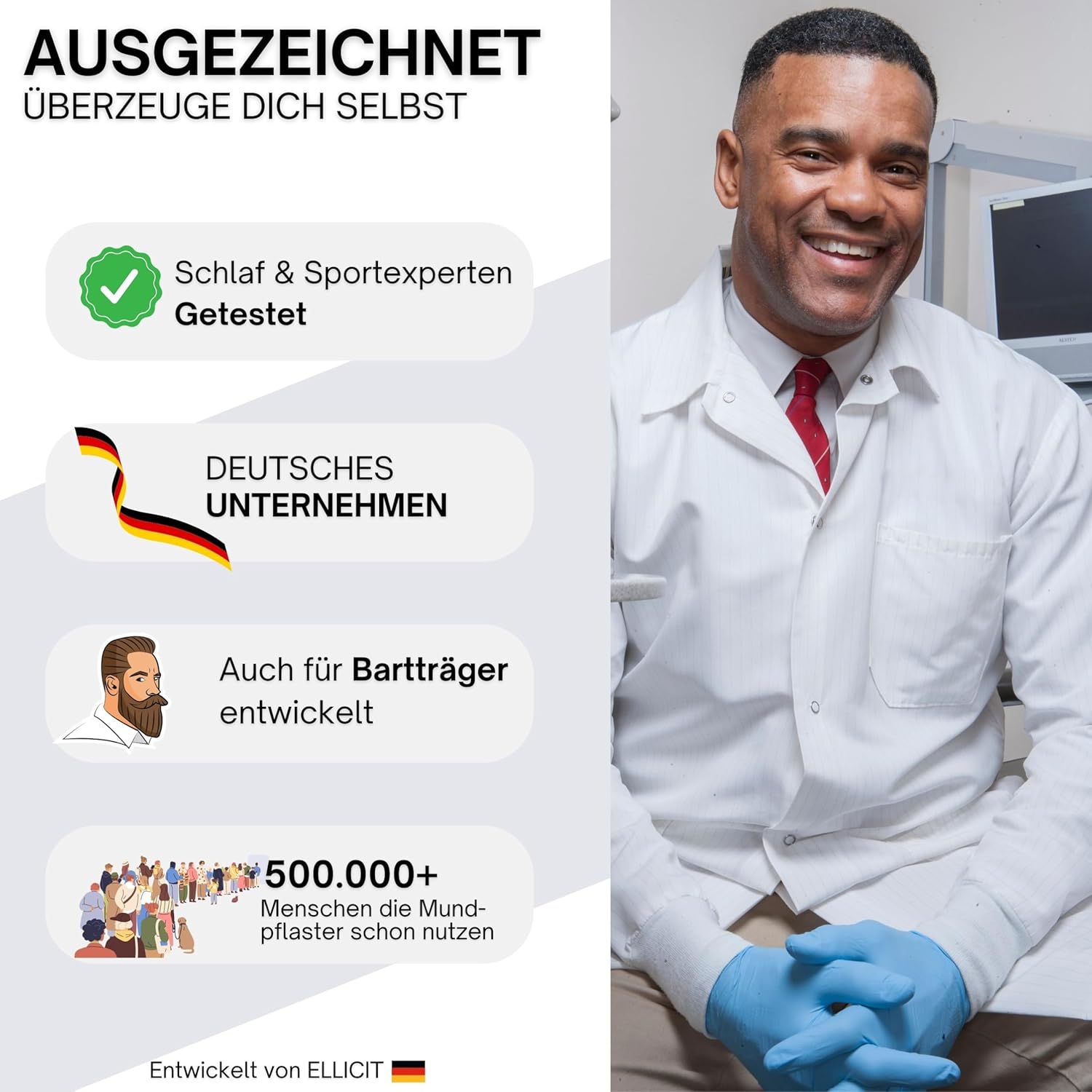 El licit Schlaf-Mundpflaster, 30 Stück, Premium-Mundband zum Schlafen, dezent aromatisiert, Schnarchpflaster gegen Schnarchen, optimaler Halt auch bei Bart, 95 % Baumwolle (angenehme Universalgröße) – Bild 6