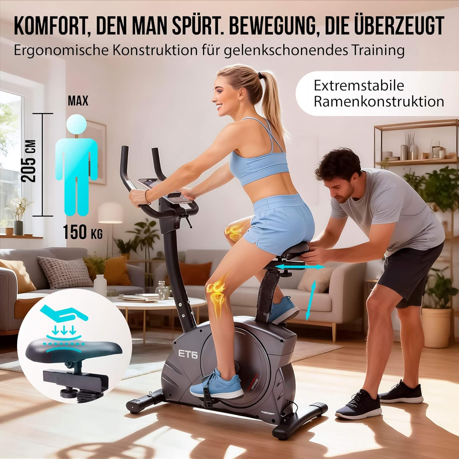 Christopeit Ergometer Heimtrainer Indoor Fahrrad ET 6 mit 24 Widerstandsstufen, bis 150 kg und 200 cm, 12 kg Magnetbremssystem, Kinomap, Bluetooth, Pulsmessung – Bild 6