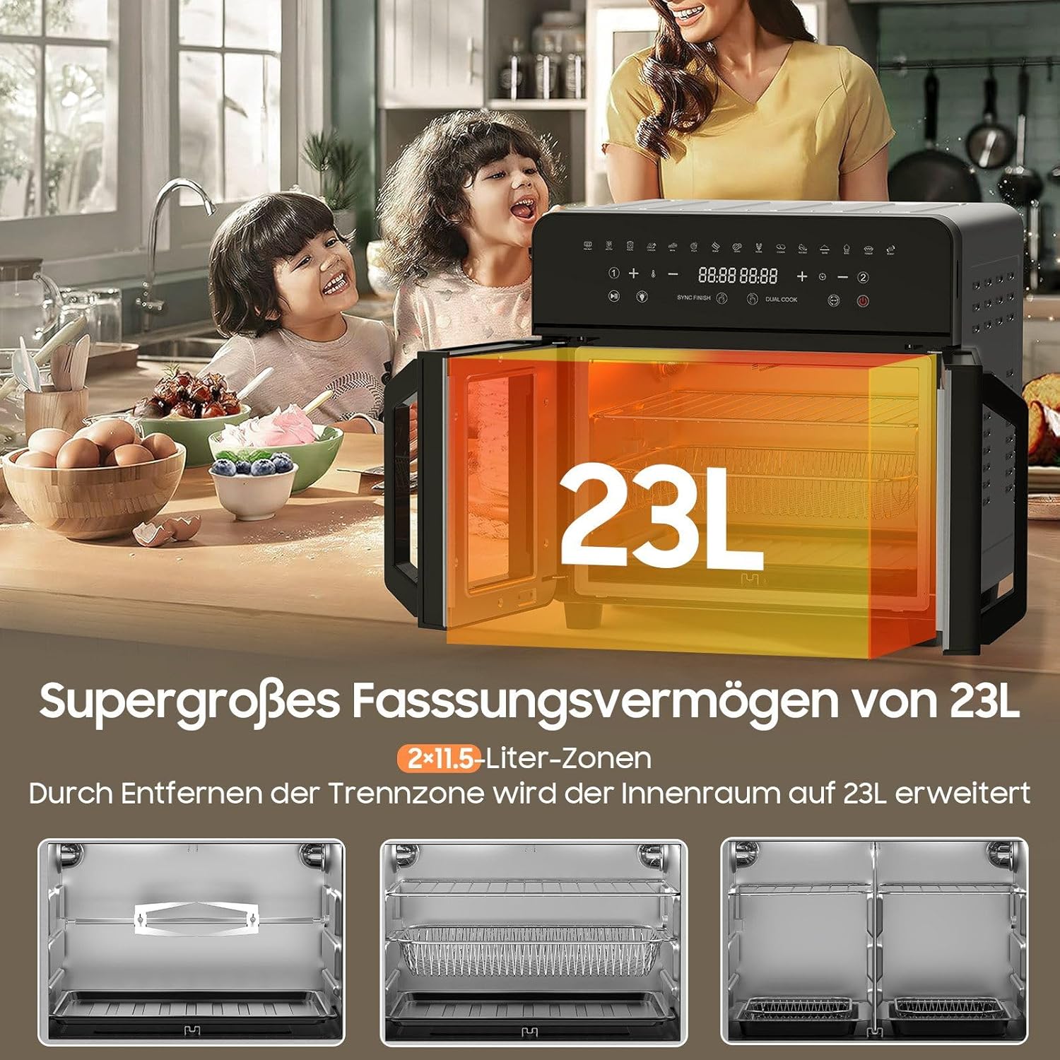 Heißluftfritteuse 23L Dual Zone – XXL Airfryer mit französischer Tür, Heißluftfritteuse mit Doppelkammer, 15 Programme, 2200 W, 12 Zubehörteile, herausnehmbare Trennwand für den Garraum, 50–200 °C – Bild 3