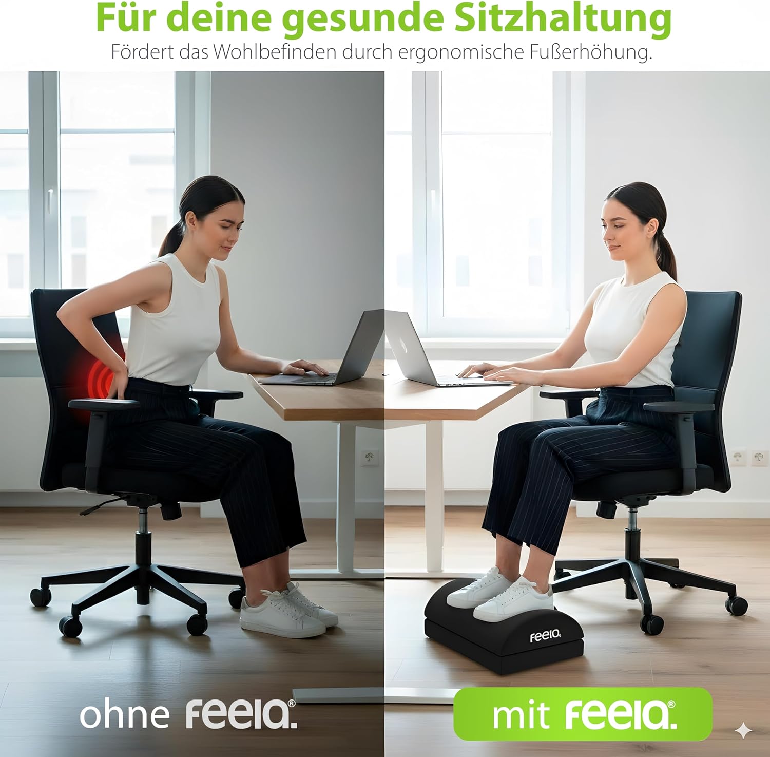 Feela. Fußstützen-Schreibtisch (Vergleichssieger) – Ergonomischer Fußhocker mit Premium-Schaumstoffkern & integriertem Wärmekissen – rutschfest, höhenverstellbar, Schreibtischzubehör (schwarz) – Bild 6