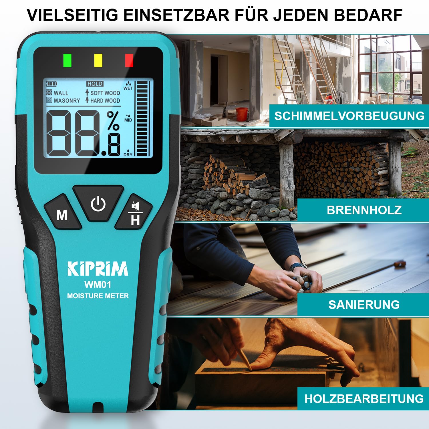 Kiprim WM01 Pinless Wandfeuchtemessgerät für Holz, Wände, Mauerwerk – Präzise zerstörungsfreie Messung mit 4 Modi, Datenspeicherung und Stummschaltung – Bild 5