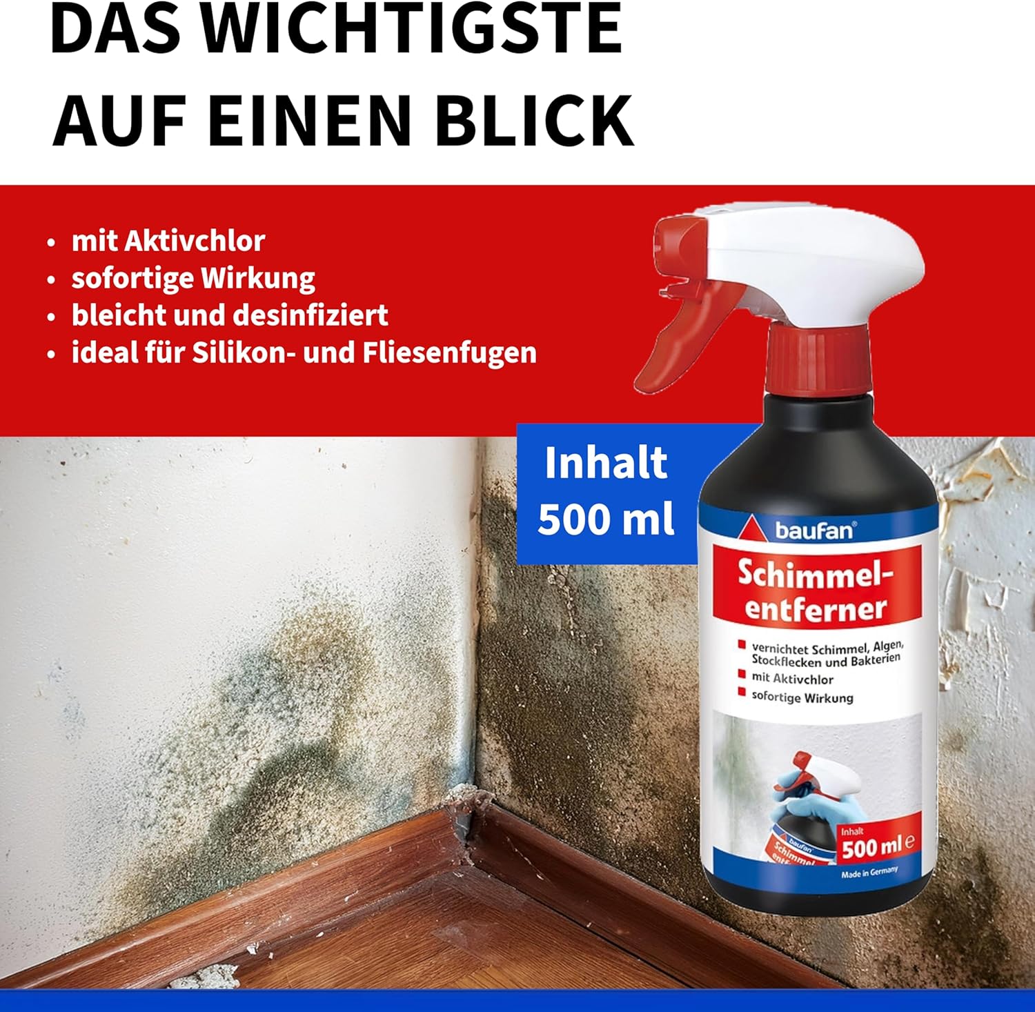 Baufan Schimmelentferner – 500 ml – Schimmelspray mit Aktivchlor für Schimmel und Algen, Silikon- und Fliesenfugen – Anti-Schimmel-Spray Chlorreiniger – Bild 3
