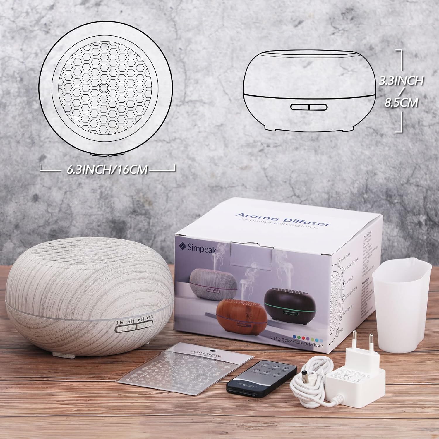 Simpeak Aroma Diffuser 550 ml, Ultraschall-Raumdiffusor Holz für ätherische Öle, Aromatherapie-Düfte, Luftbefeuchter mit Fernbedienung, Weiß – Bild 7