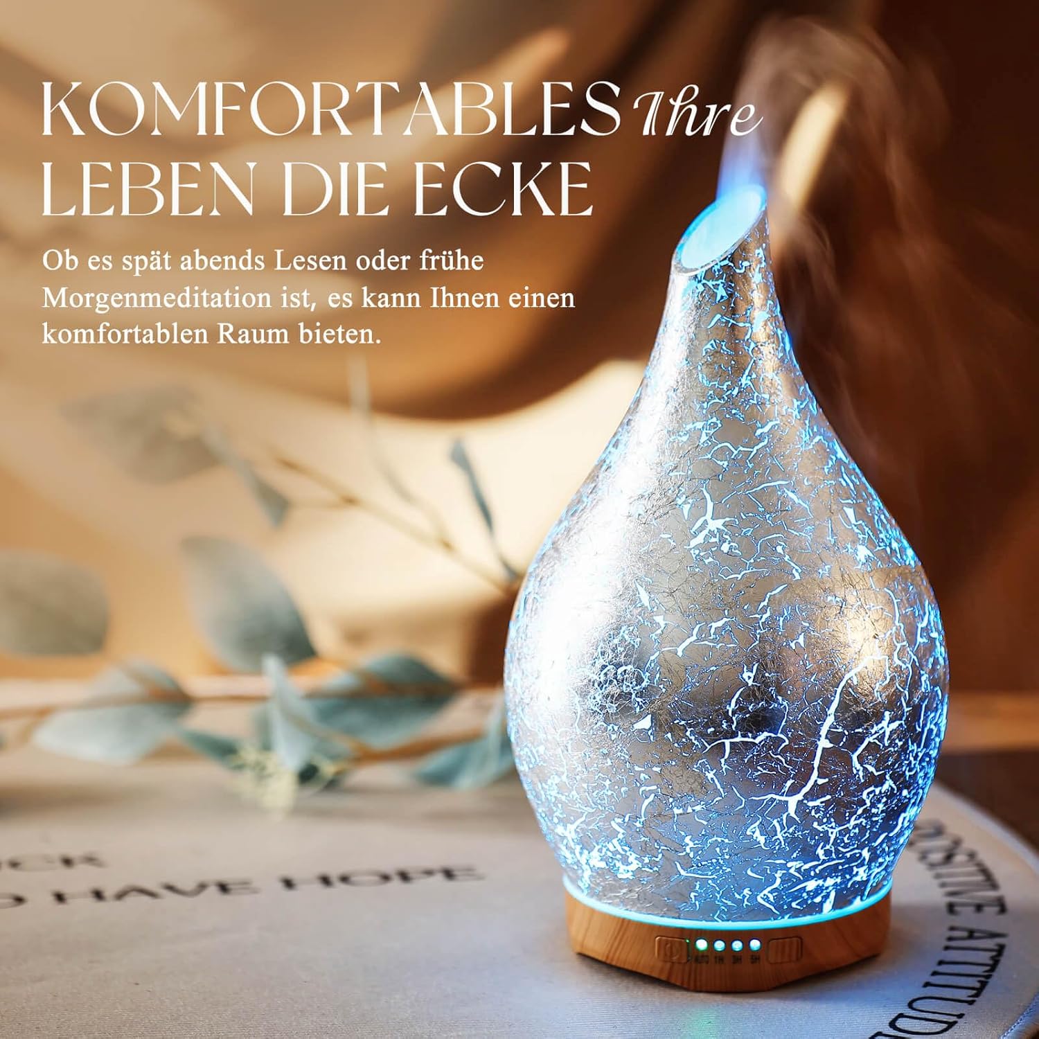 Porseme Aromadiffusor 280 ml, Luftbefeuchter aus mundgeblasenem Glas, Ultraschall-Aromatherapie-Öldiffusor mit 7 farbigen LED-Lichtern, Diffusor für ätherische Öle mit Timer, BPA-frei für Zuhause (Silberplatte) – Bild 5