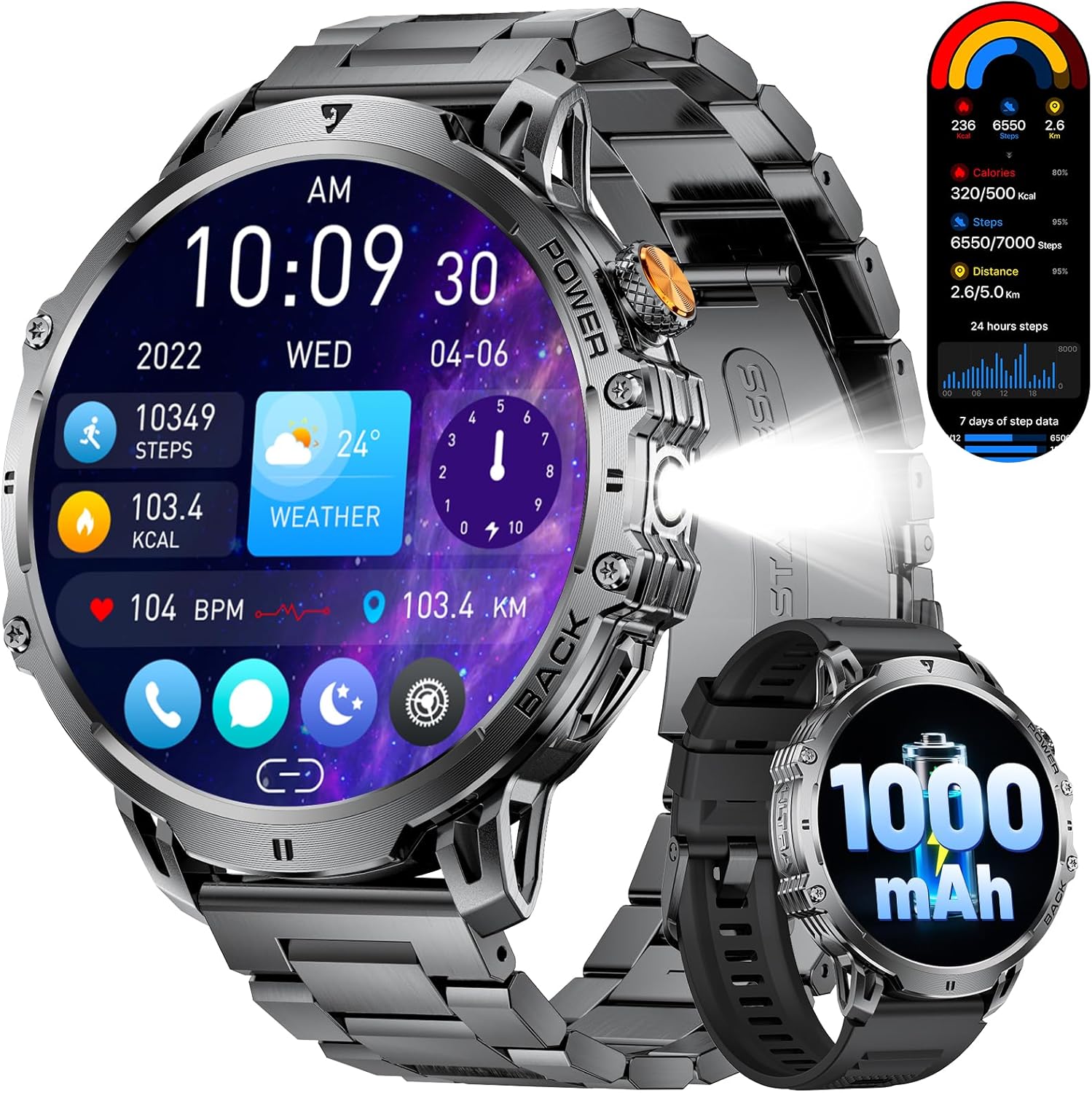 LIGE Military Smartwatch Herren – 1000 mAh/1,85 Zoll HD großer Touchscreen/LED-Licht, Fitnessuhr mit 110+ Sportmodi, Herz-/Schlaf-Tracking, 2 Armbänder, IP68 wasserdicht, Sportuhr für iOS/Android, Schwarz