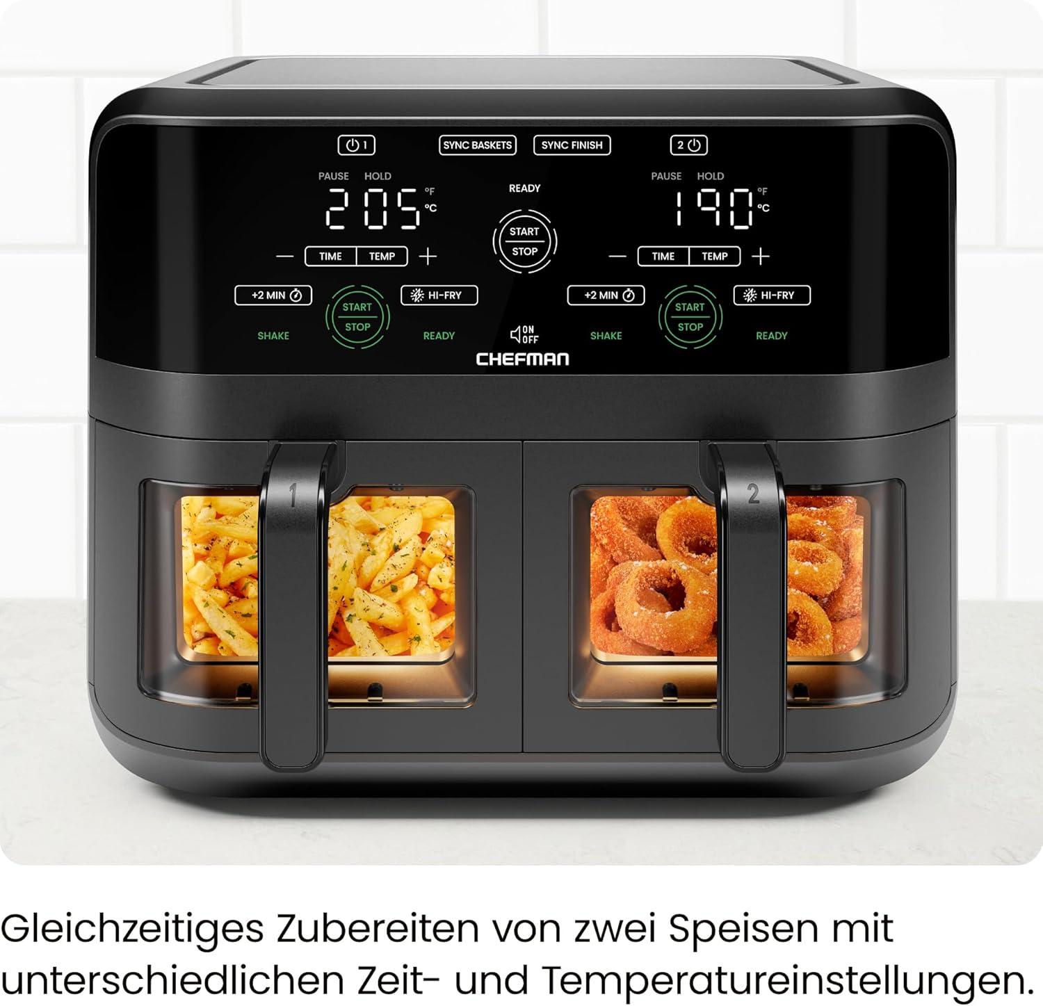 CHEFMAN 5,6-Liter-Doppelkorb-Heißluftfritteuse mit Sichtfenster, Sync-Finish, Hi-Fry, automatische Abschaltung, spülmaschinenfest, 2100 W, digital, Schwarz – Bild 2