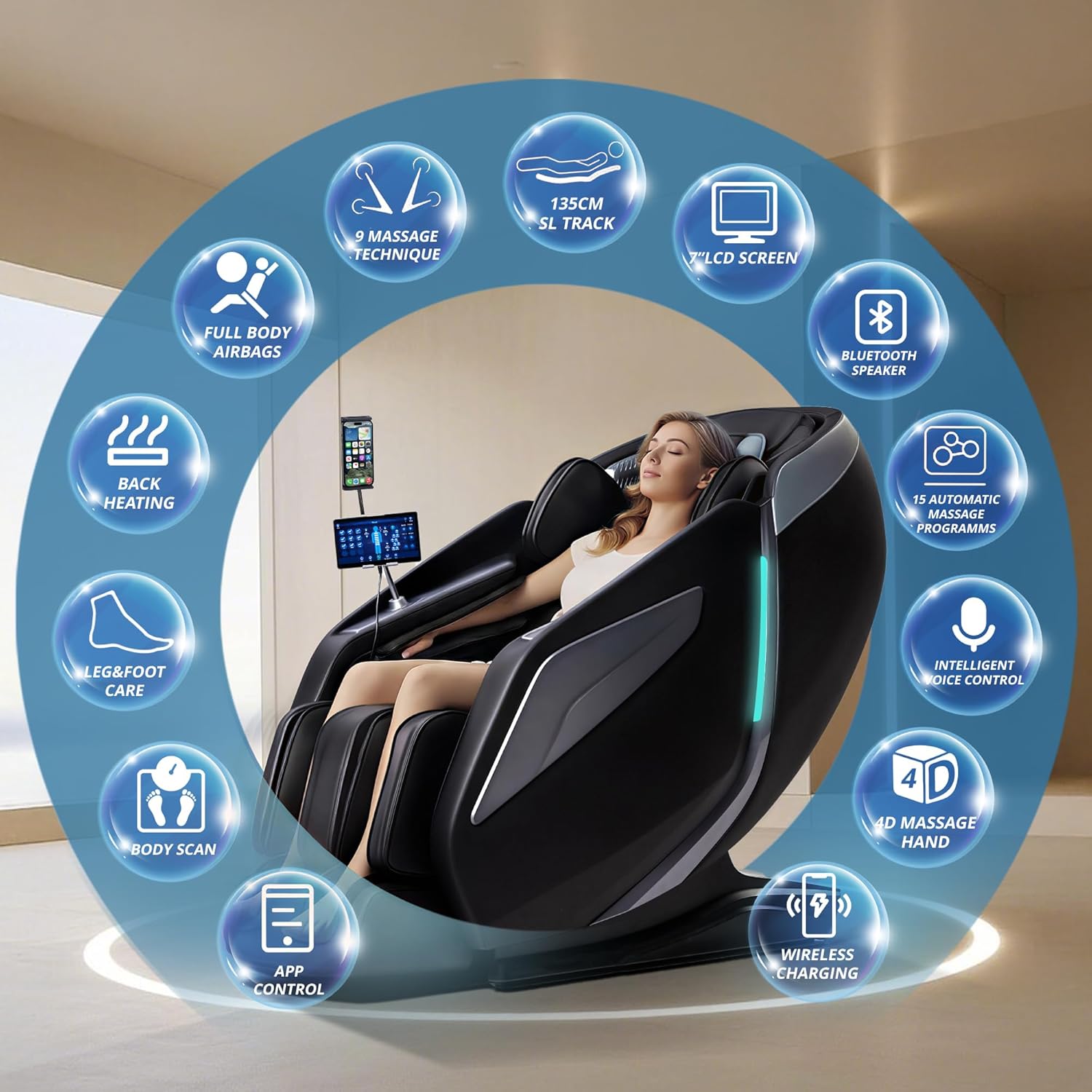 HealthRelife Ganzkörper-Massagestuhl mit Bodyscan 4D-Roboterhänden, intelligenter Shiatsu-Massage-Sitzbezug mit Sprachfunktion, Rückenheizung (schwarz) – Bild 2