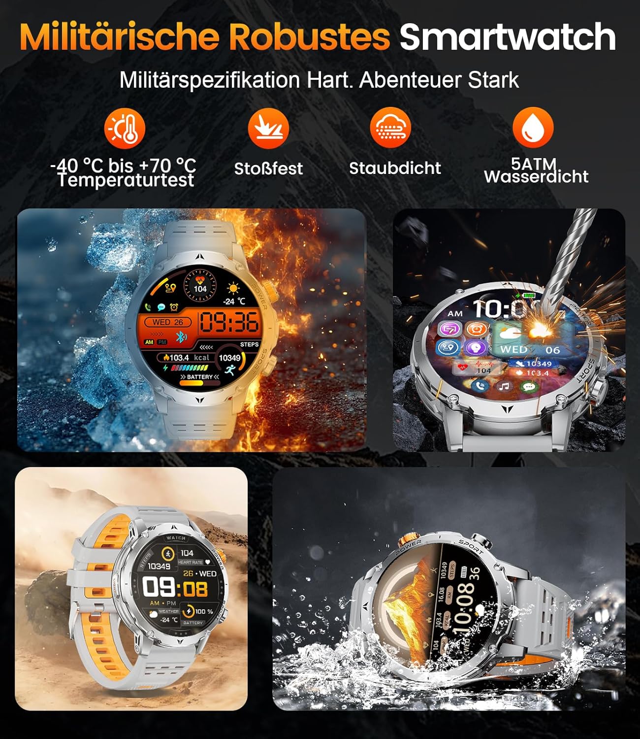 1000 mAh Militäruhr für Herren, 1,7-Zoll-Smartwatch für Herren mit über 110 Sportmodi, IP68-Display, Apple Bluetooth, 24-Stunden-Herzfrequenz, Android iOS-Gerät, 3 Armbänder, 2 Ladegeräte, EF24-D – Bild 3