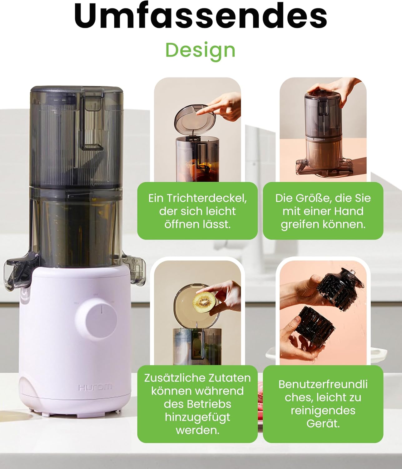 Hurom Slow Juicer H310 Entsafter für Gemüse und Obst, leicht zu reinigen und leiser Motor, elektrischer Entsafter mit Siebfilter, 100 Watt, BPA-frei, schlankes Design, 220 ml, Lavendel – Bild 4